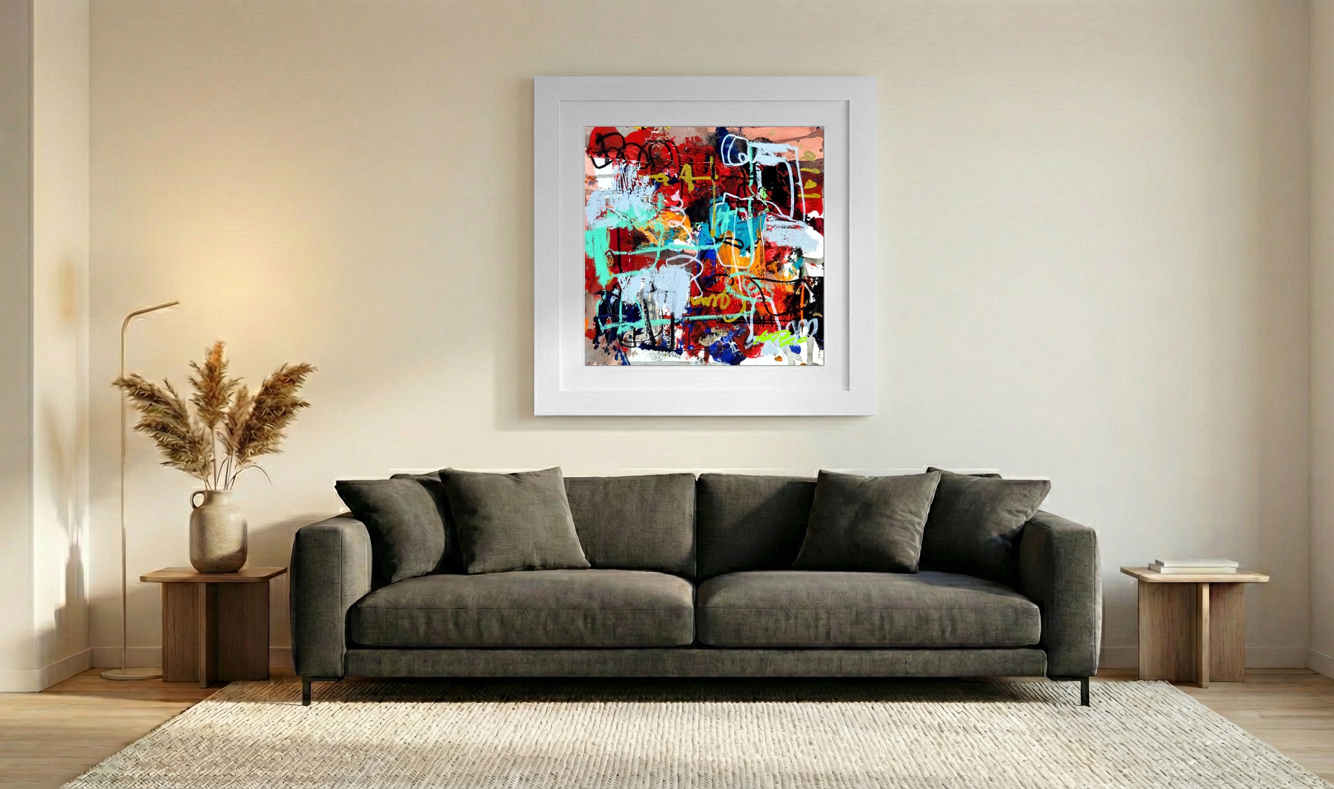 Crimson and Blue Energetic Abstract on Paper — art on the wall, room interior preview 3