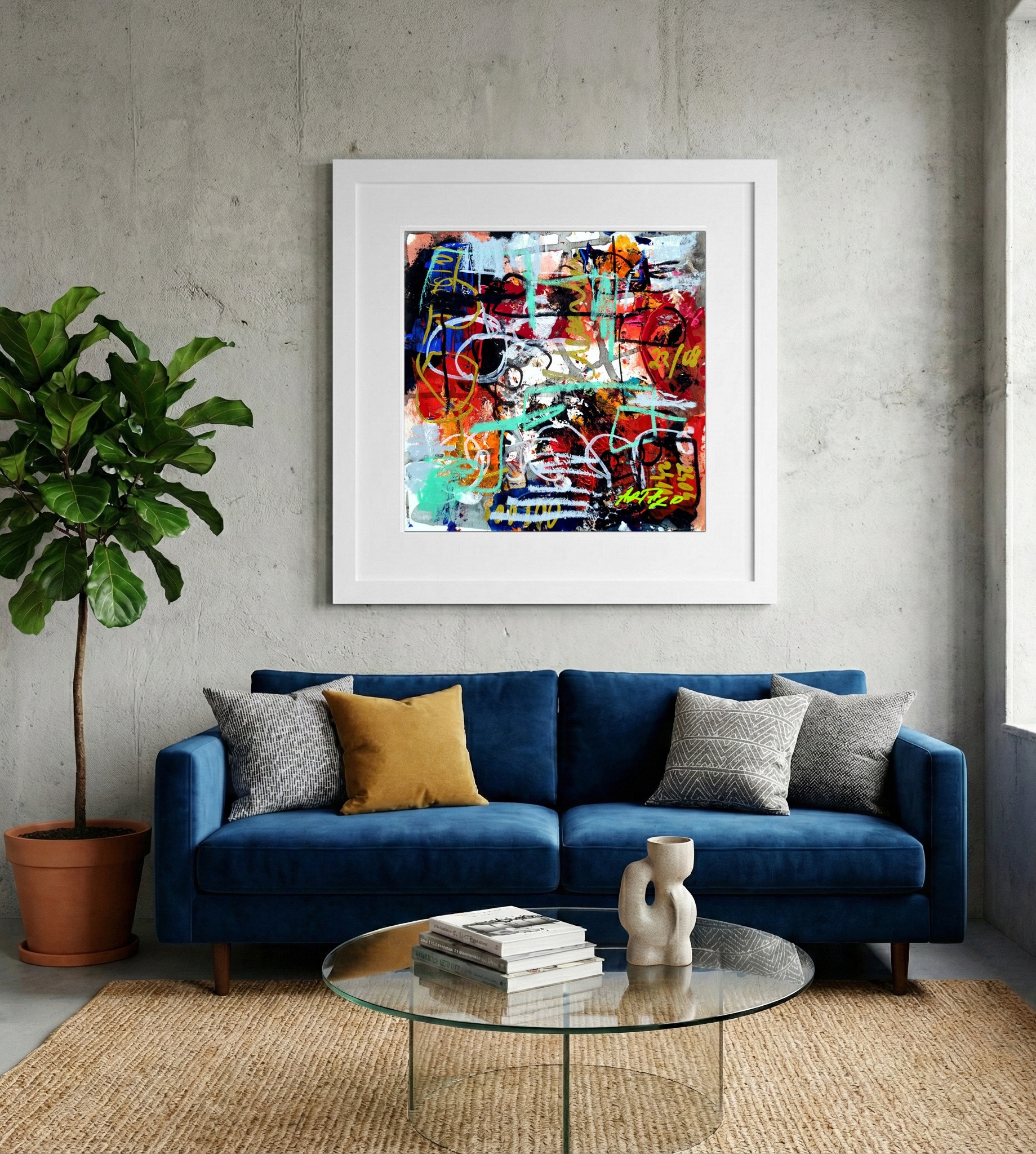 Crimson and Azure Abstract Painting — art on the wall, room interior preview 2