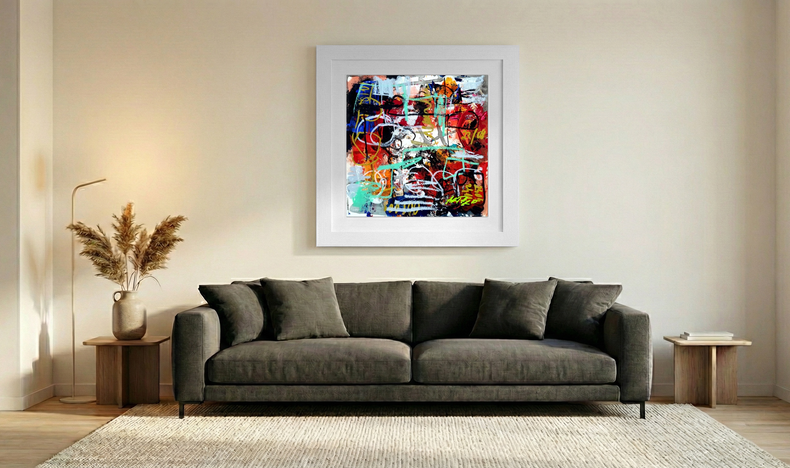 Crimson and Azure Abstract Painting — art on the wall, room interior preview 3
