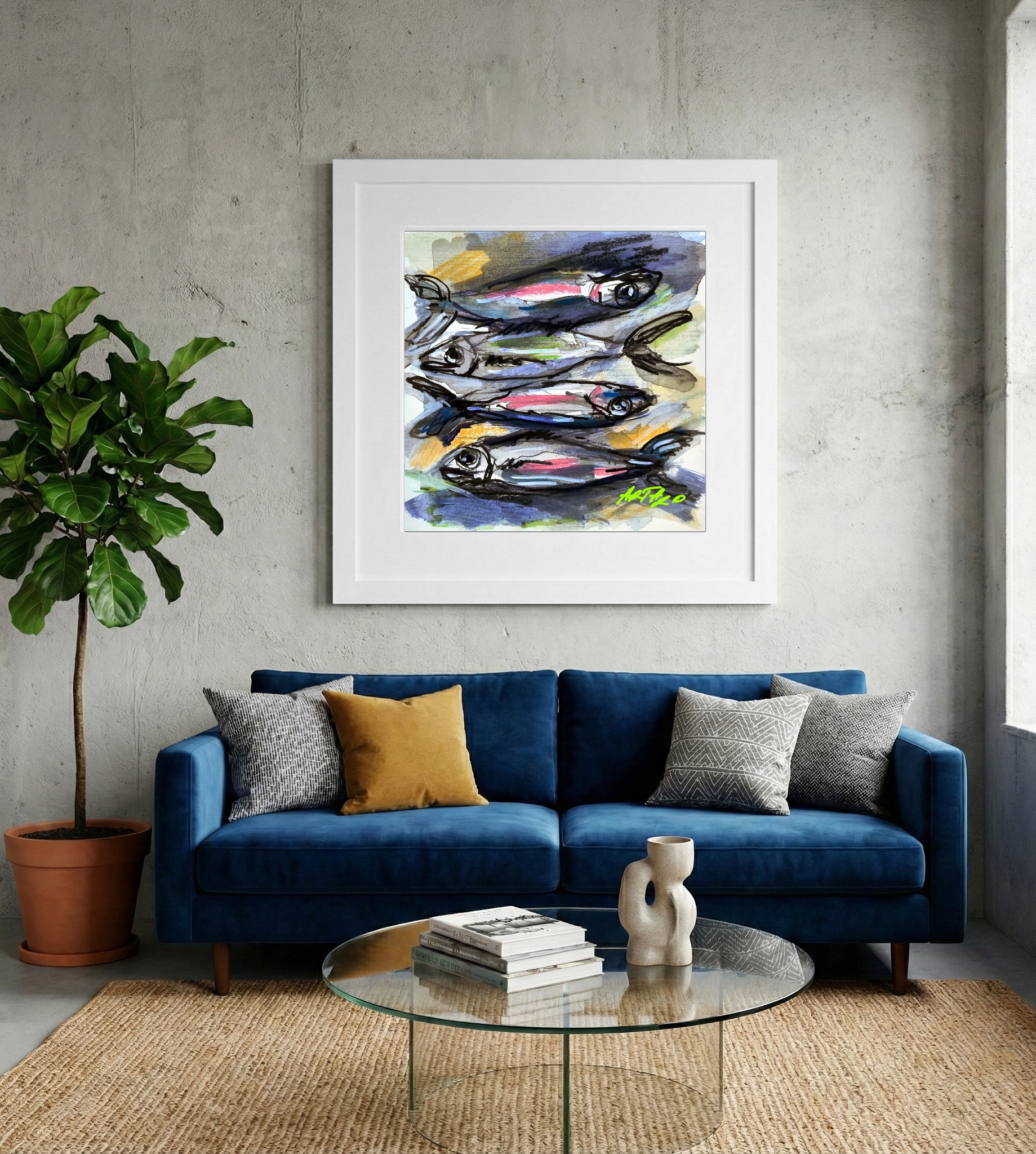 Pink and Black Expressionist Fish on Paper — art on the wall, room interior preview 2
