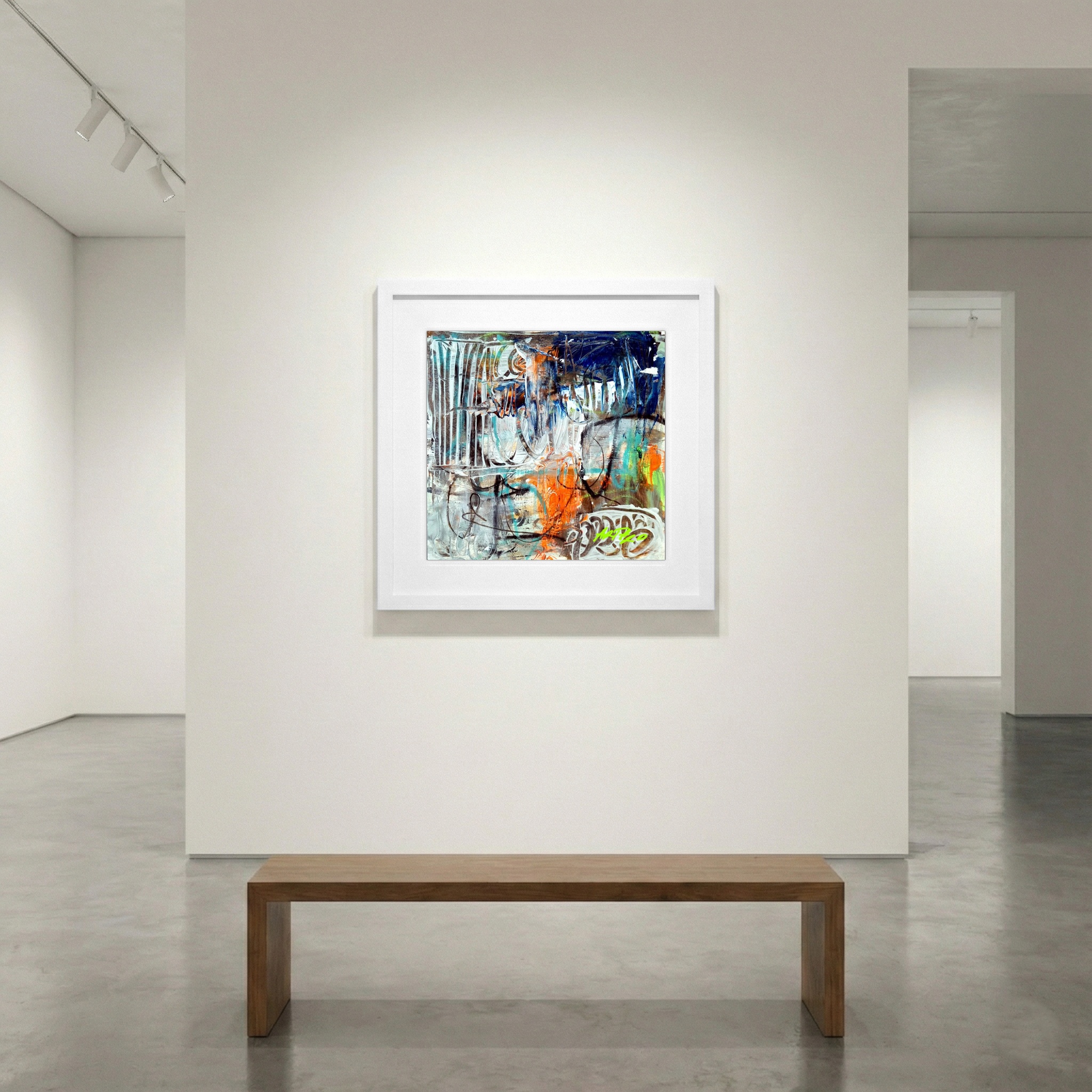 Bright Orange and Blue Abstract on Paper — art on the wall, room interior preview 1