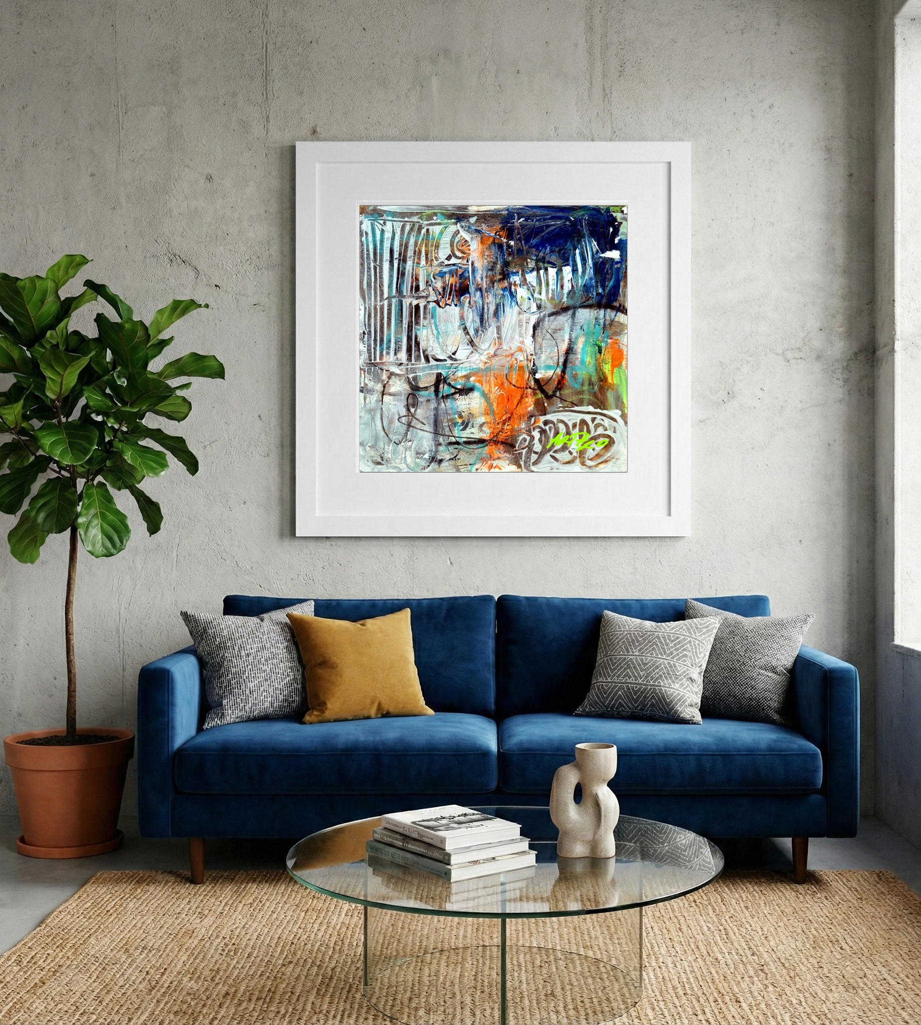 Bright Orange and Blue Abstract on Paper — art on the wall, room interior preview 2