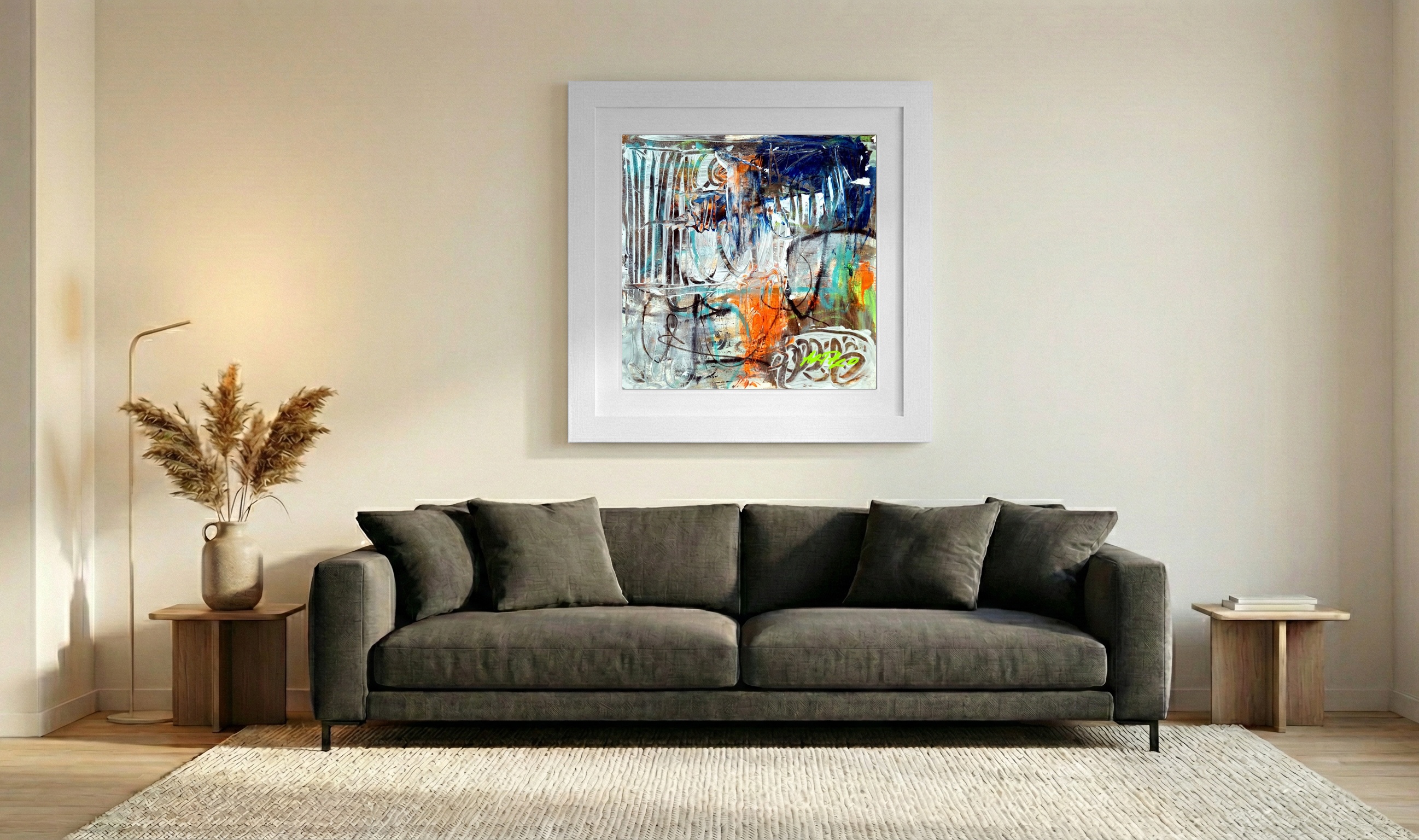 Bright Orange and Blue Abstract on Paper — art on the wall, room interior preview 3