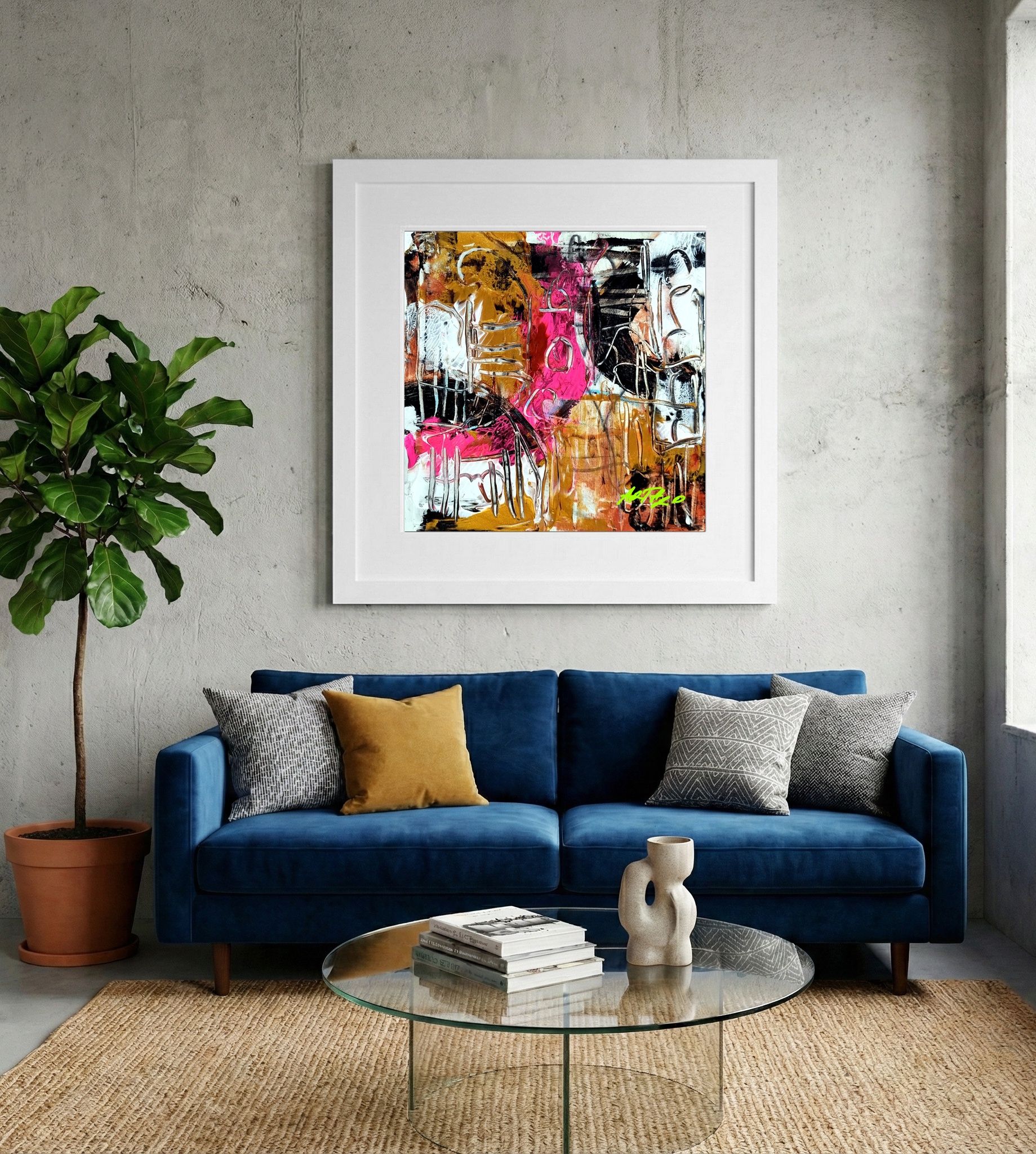 Burnt Sienna and Electric Pink Canvas Abstract — art on the wall, room interior preview 2