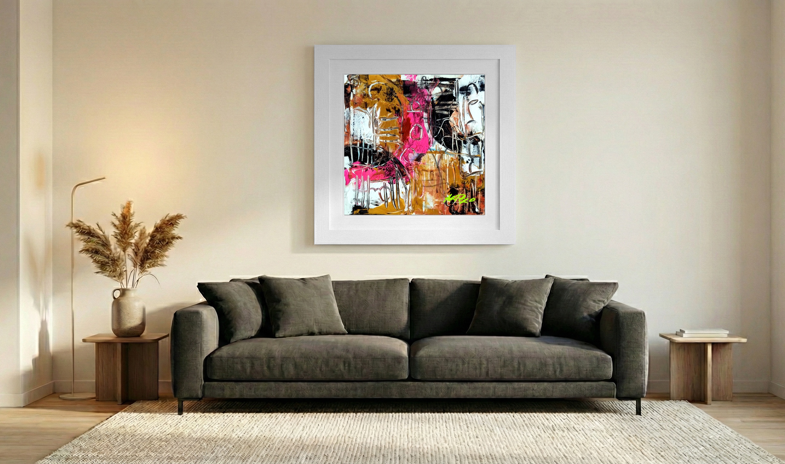 Burnt Sienna and Electric Pink Canvas Abstract — art on the wall, room interior preview 3