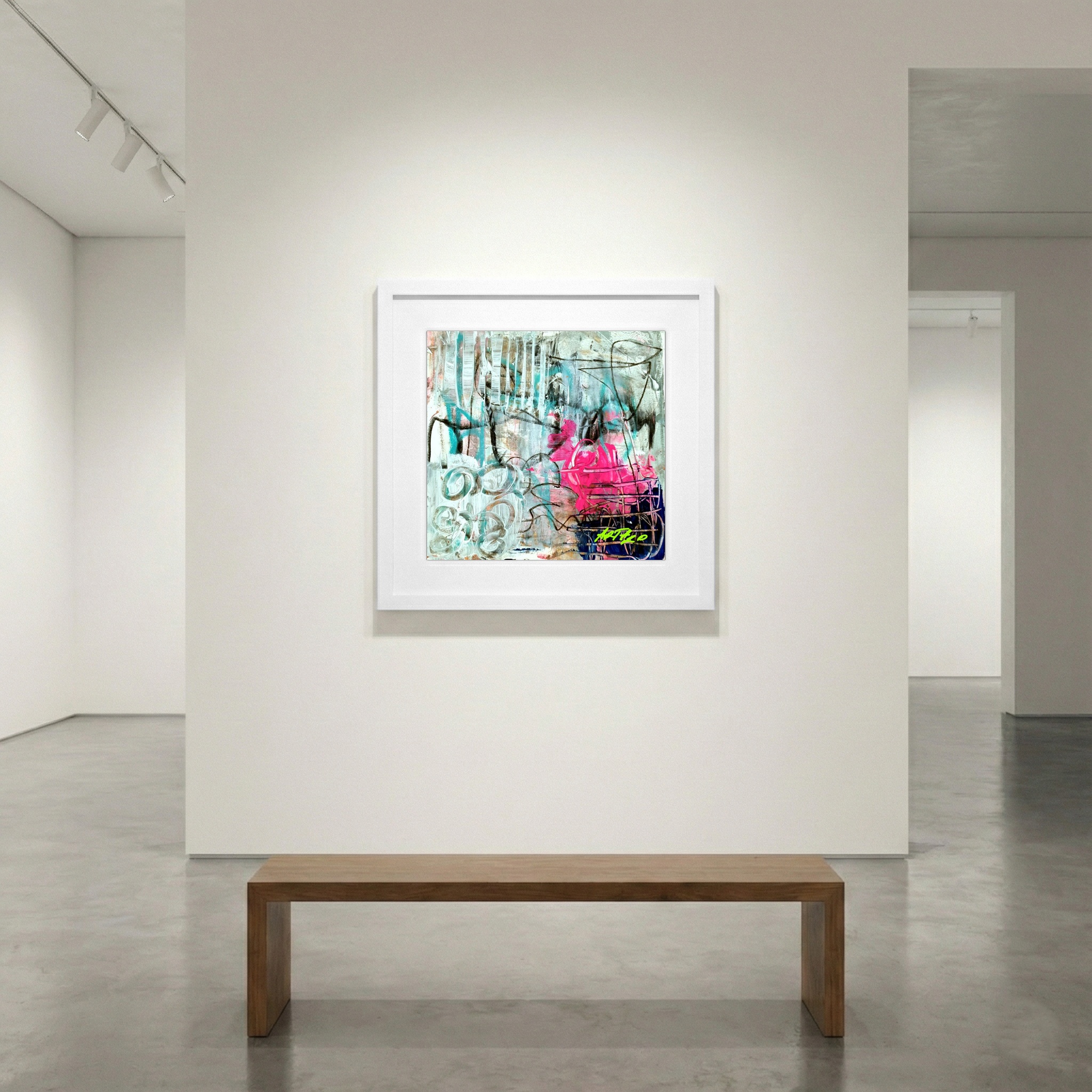 Teal and Pink Whimsical Abstract on Paper — art on the wall, room interior preview 1