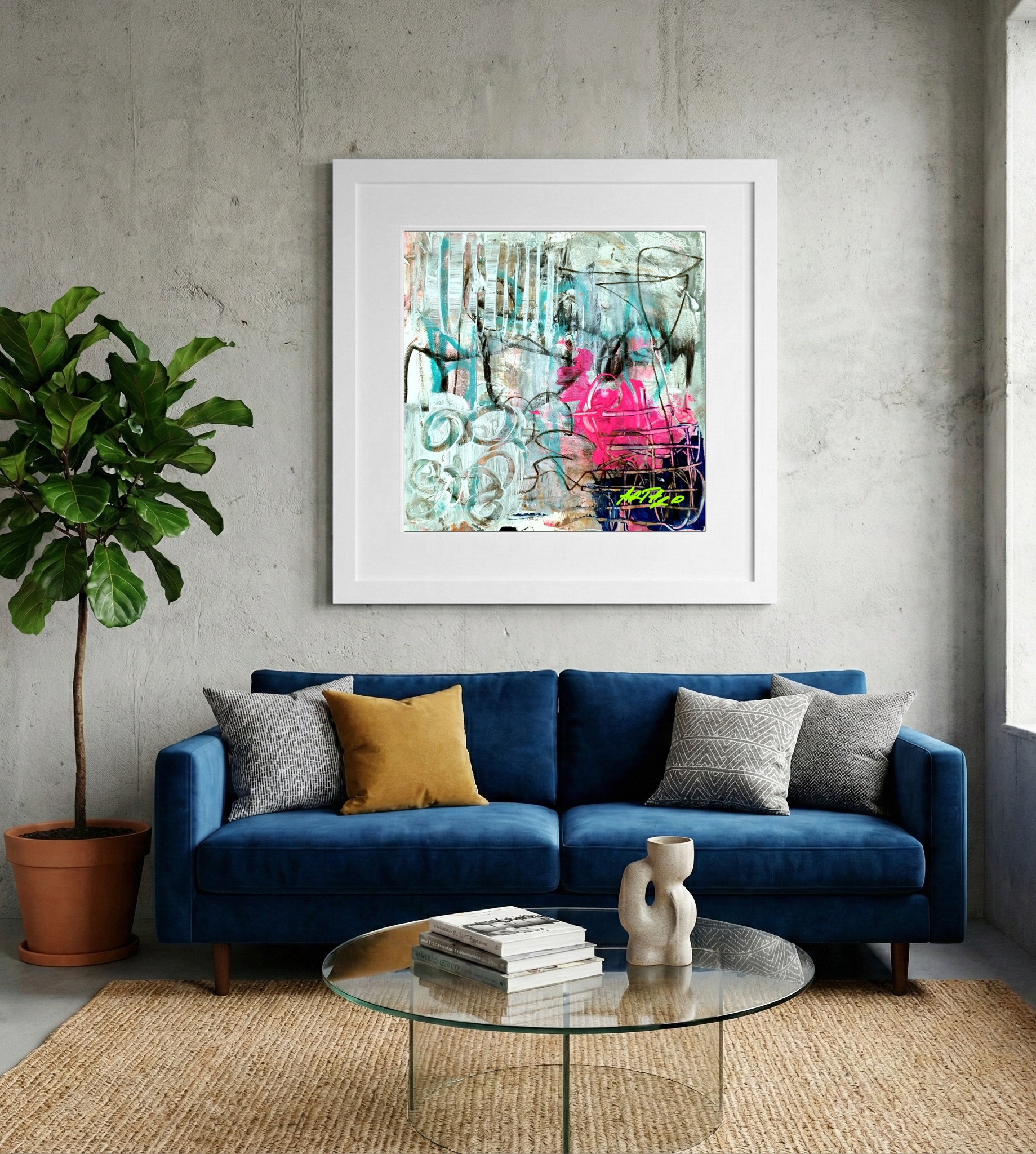 Teal and Pink Whimsical Abstract on Paper — art on the wall, room interior preview 2