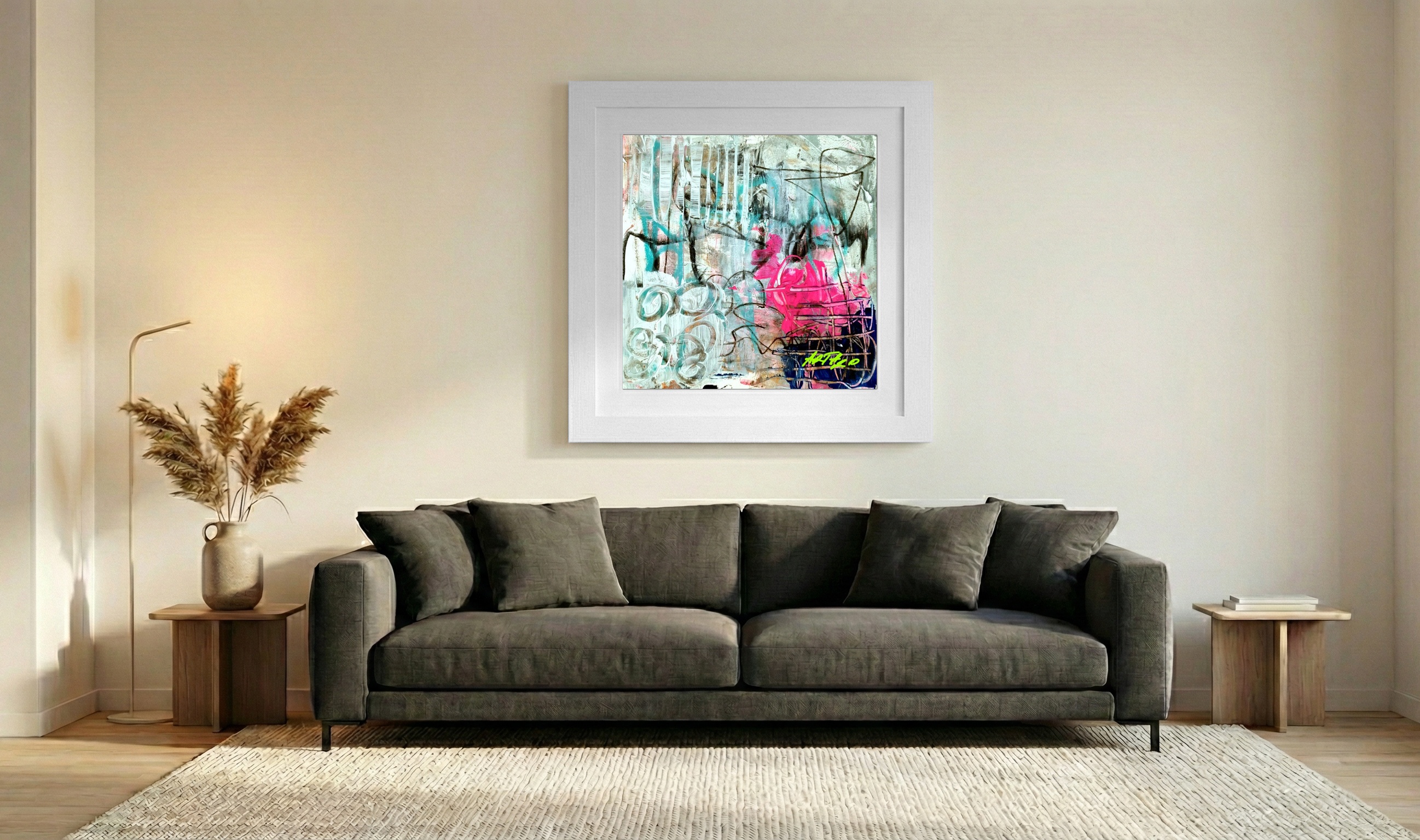 Teal and Pink Whimsical Abstract on Paper — art on the wall, room interior preview 3