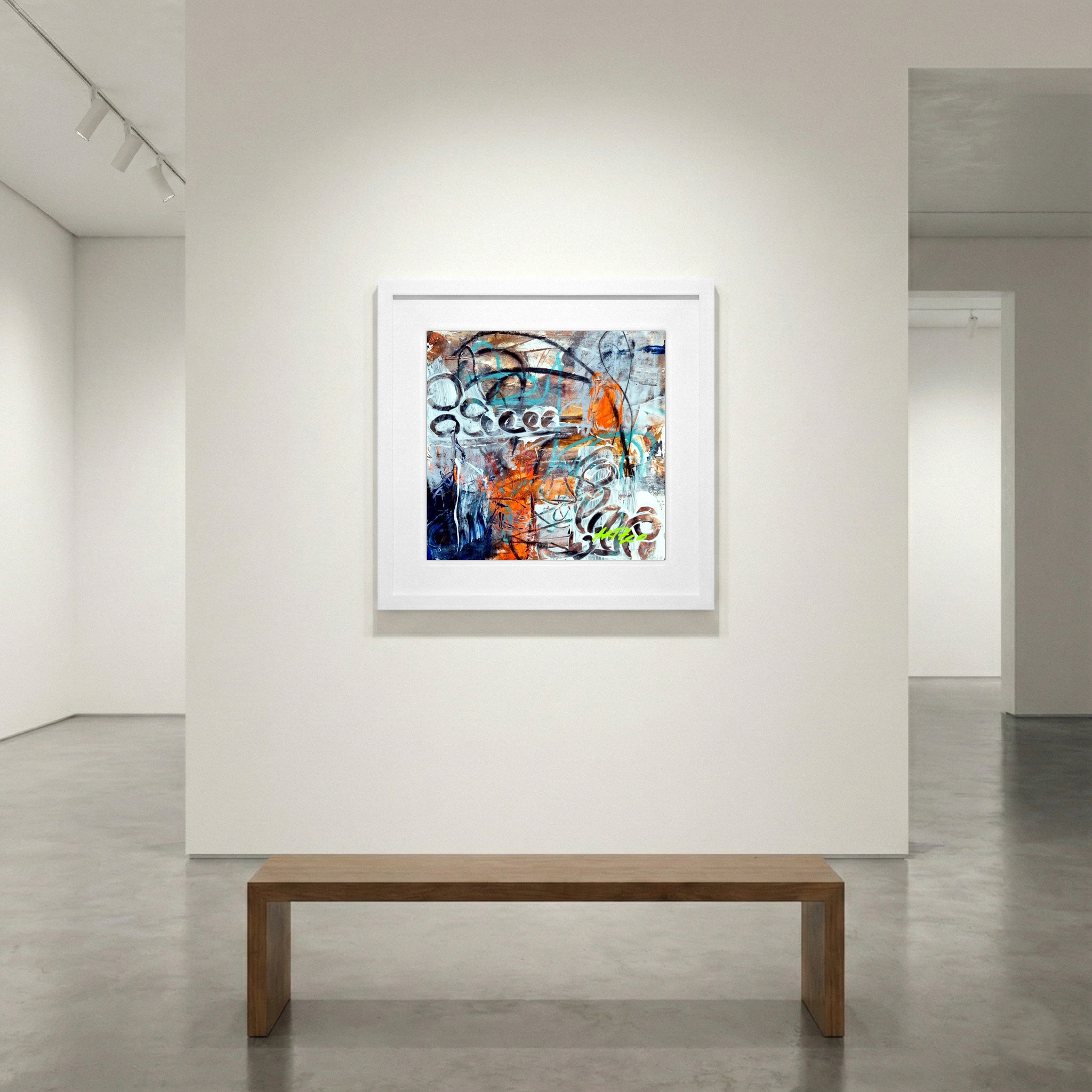 Burnt Orange and Blue Abstract on Paper — art on the wall, room interior preview 1