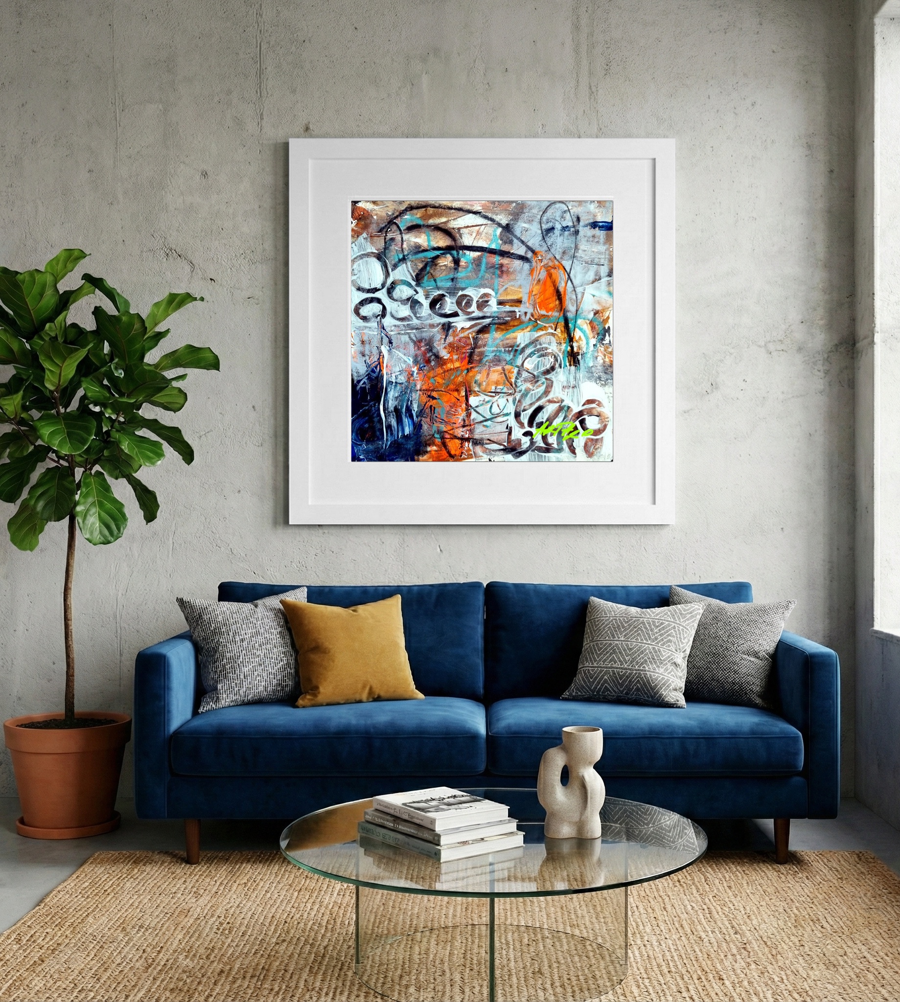 Burnt Orange and Blue Abstract on Paper — art on the wall, room interior preview 2