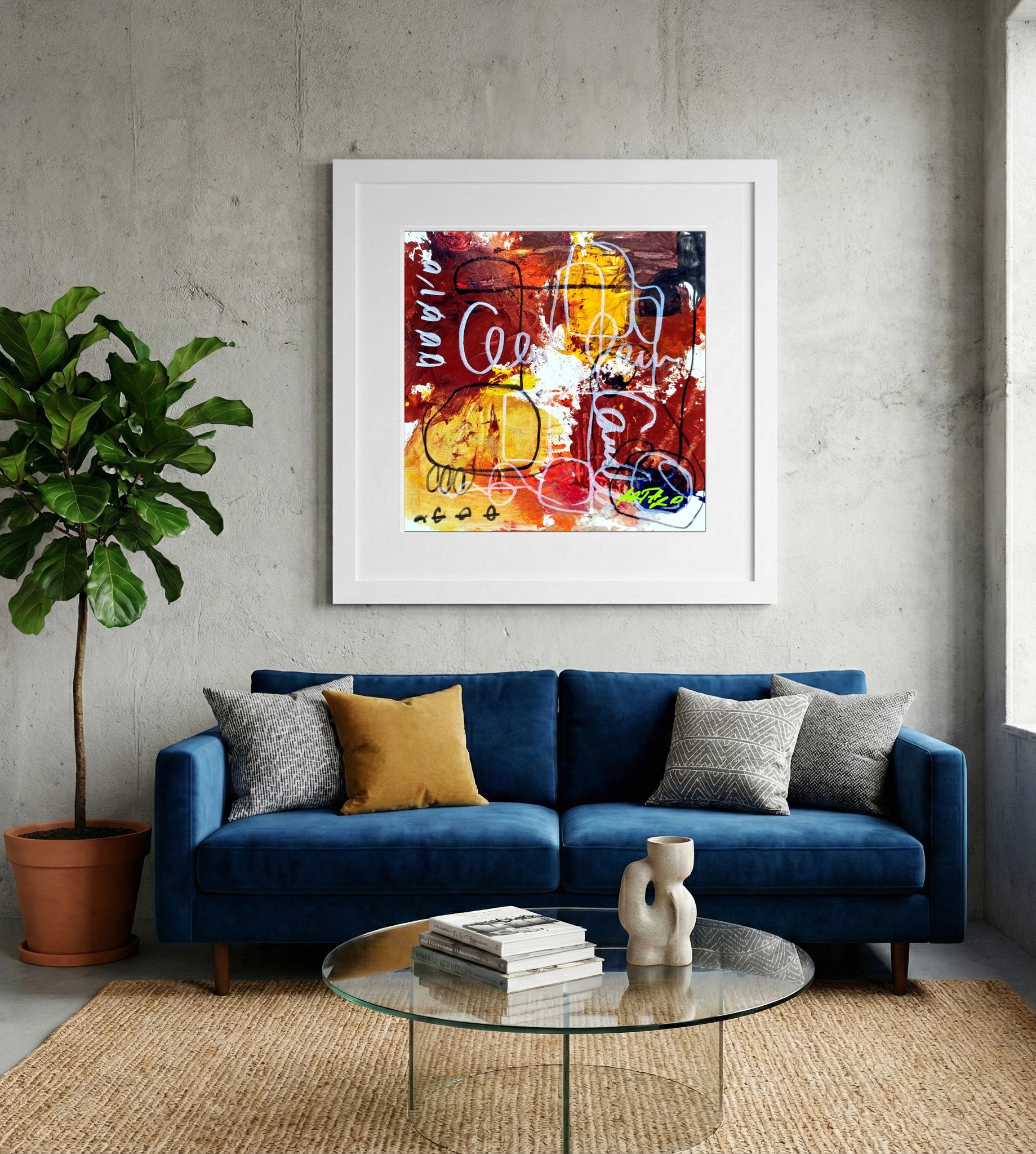 Crimson and Yellow Abstract on Paper — art on the wall, room interior preview 2