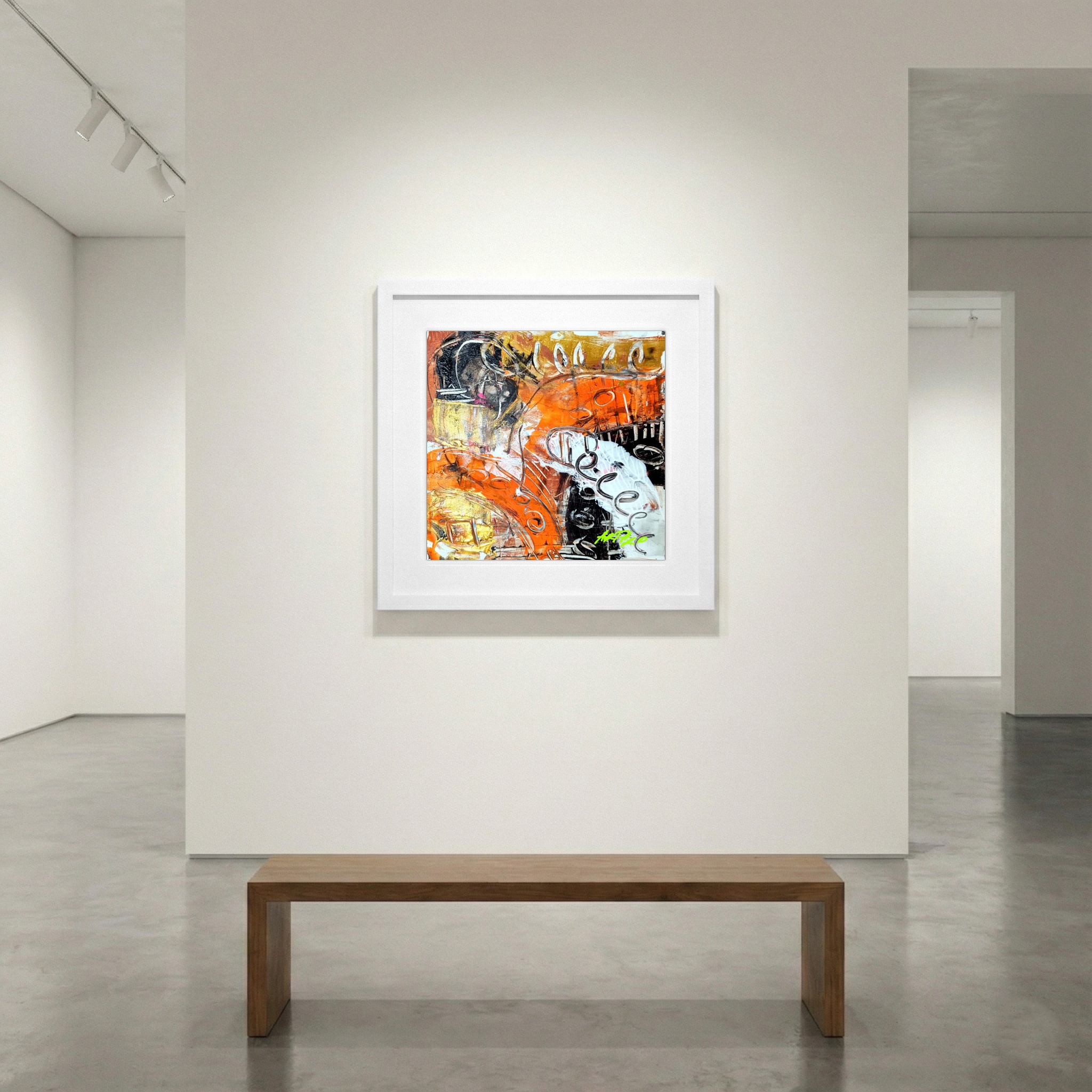 Orange and Gold Abstract Acrylic on Paper — art on the wall, room interior preview 1