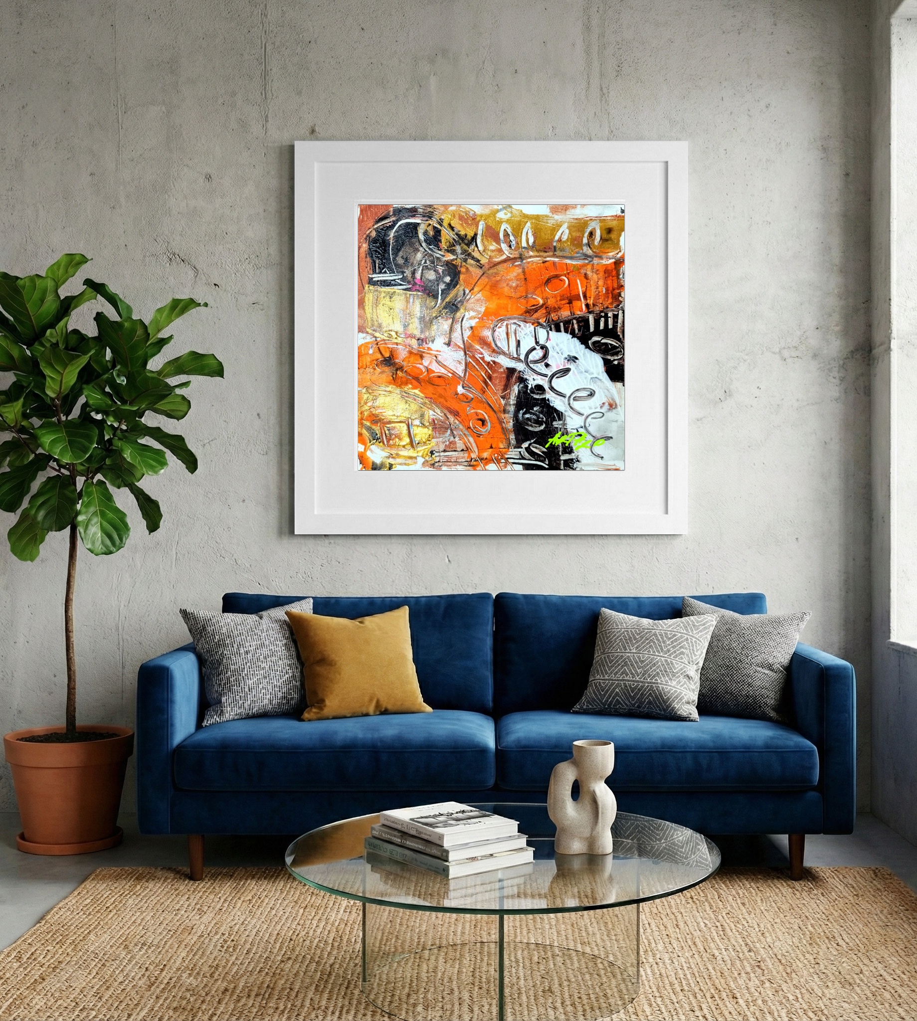 Orange and Gold Abstract Acrylic on Paper — art on the wall, room interior preview 2