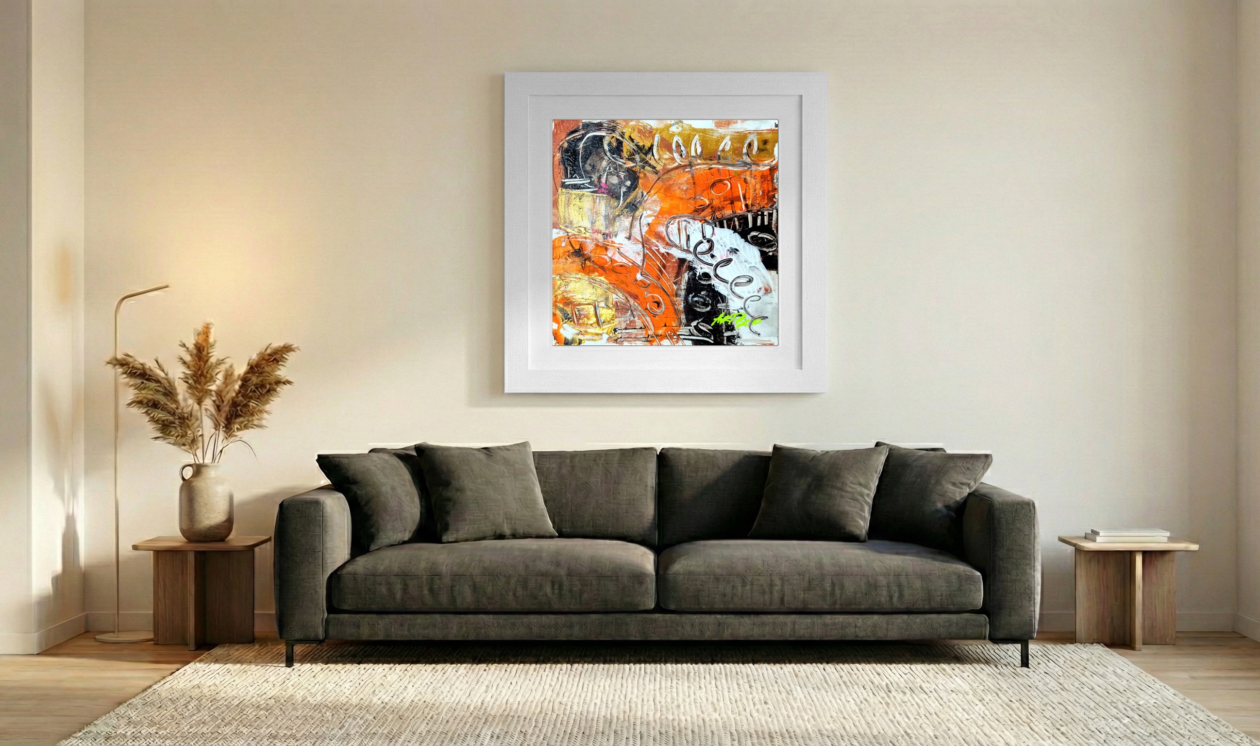 Orange and Gold Abstract Acrylic on Paper — art on the wall, room interior preview 3