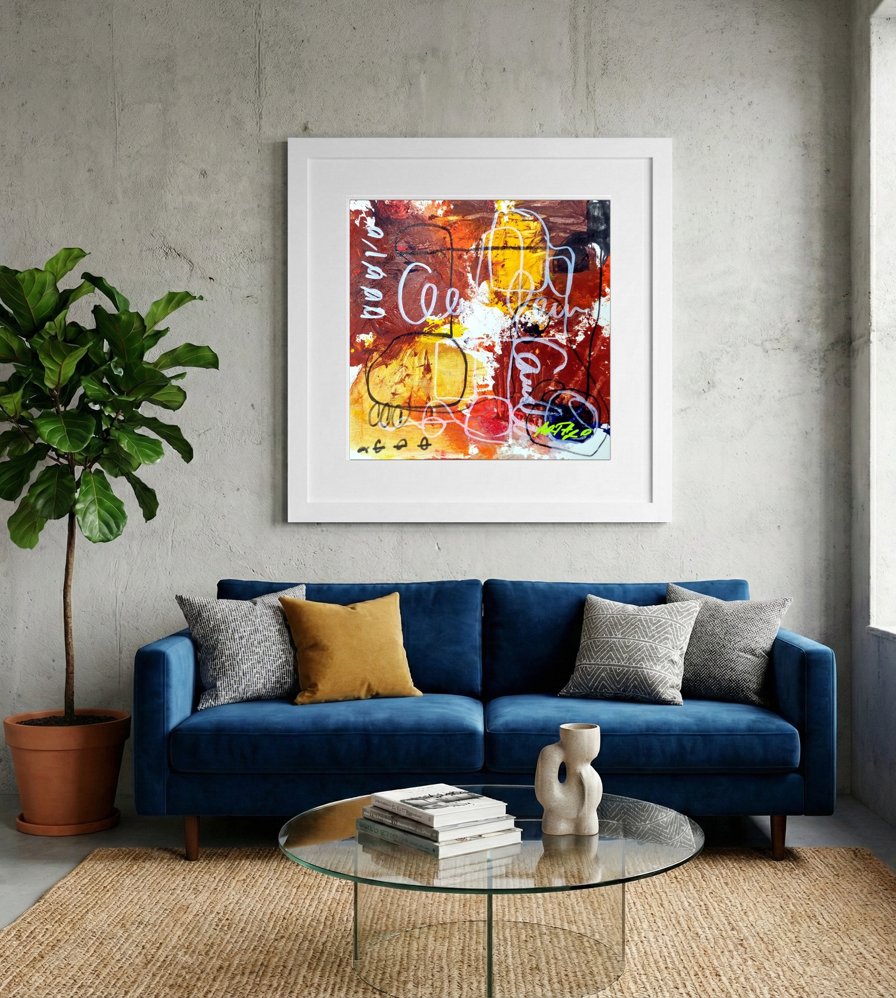 Ochre and Red Abstract Shapes on Paper — art on the wall, room interior preview 2