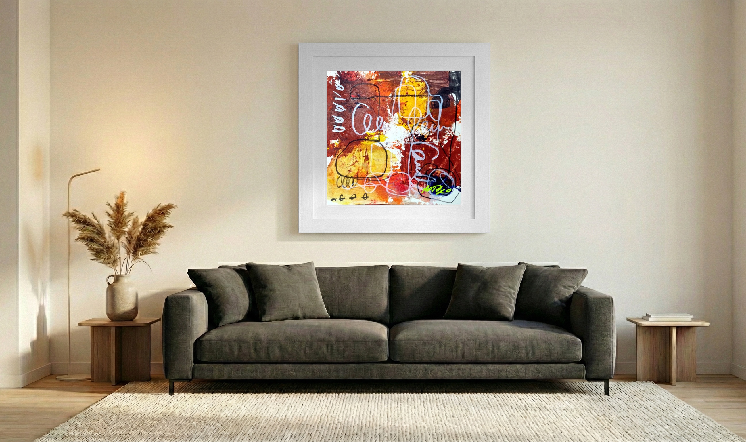 Ochre and Red Abstract Shapes on Paper — art on the wall, room interior preview 3