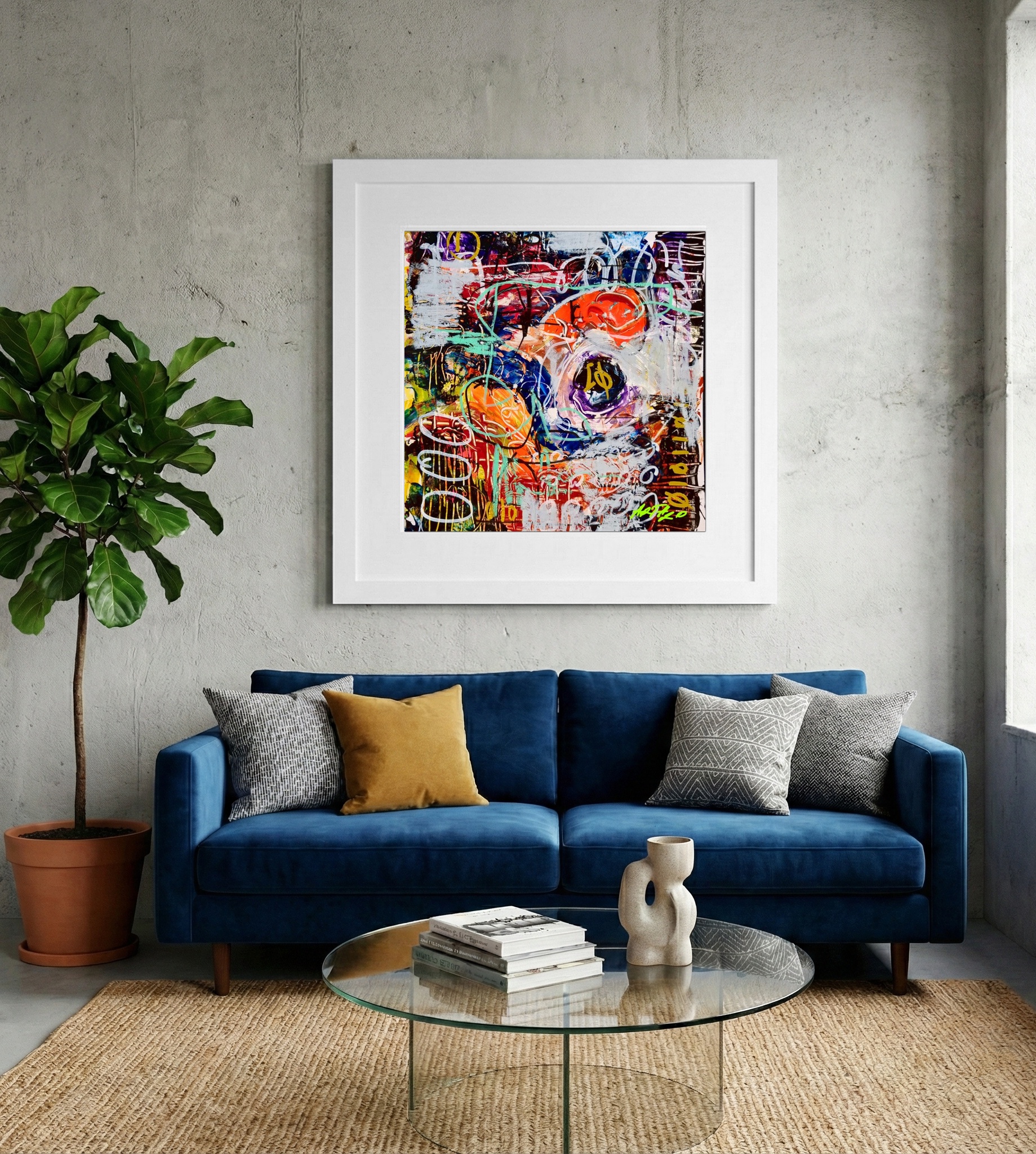 Orange and Purple Abstract on Paper — art on the wall, room interior preview 1