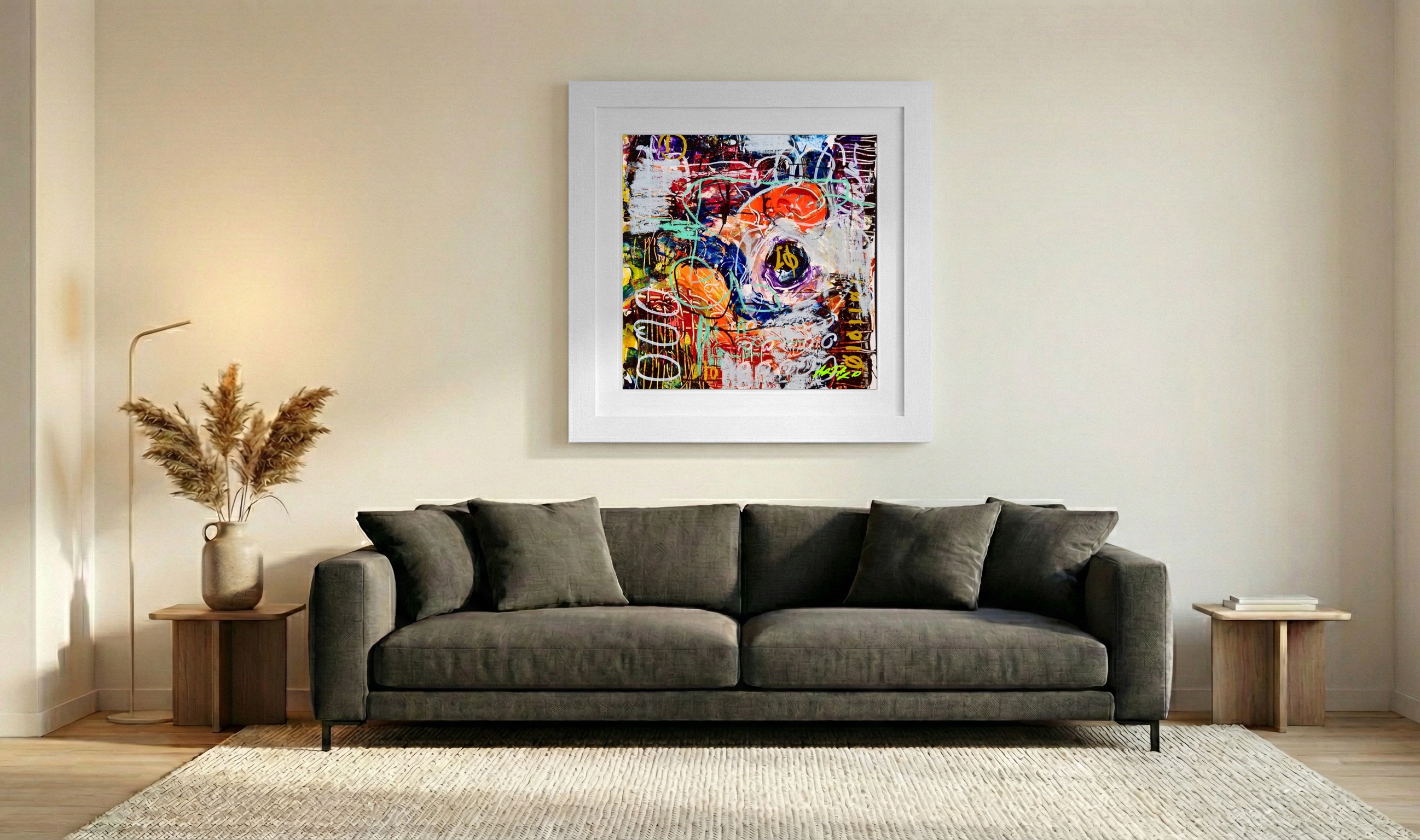Orange and Purple Abstract on Paper — art on the wall, room interior preview 2