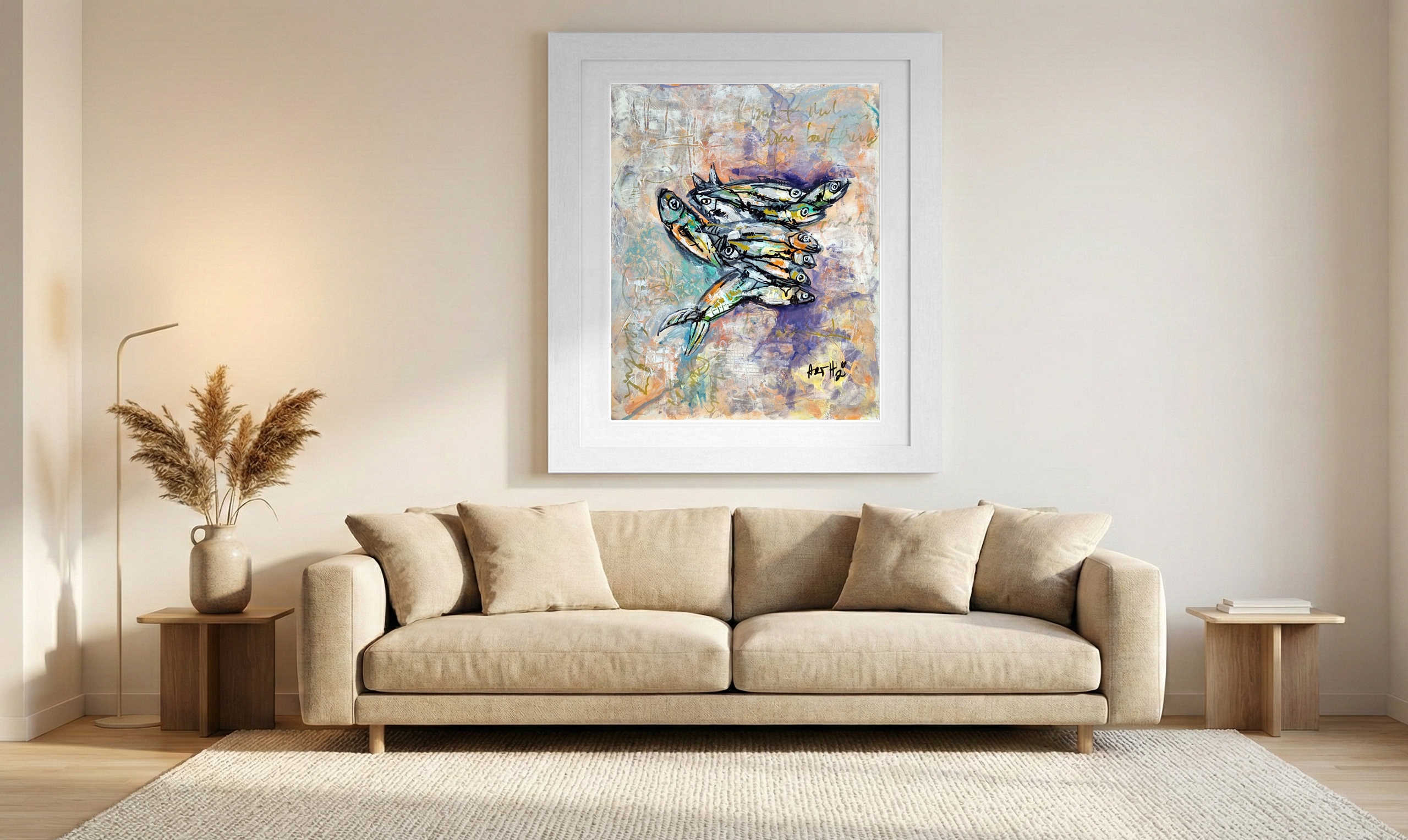 Vivid Acrylic Fish in Greens and Blues — art on the wall, room interior preview 1