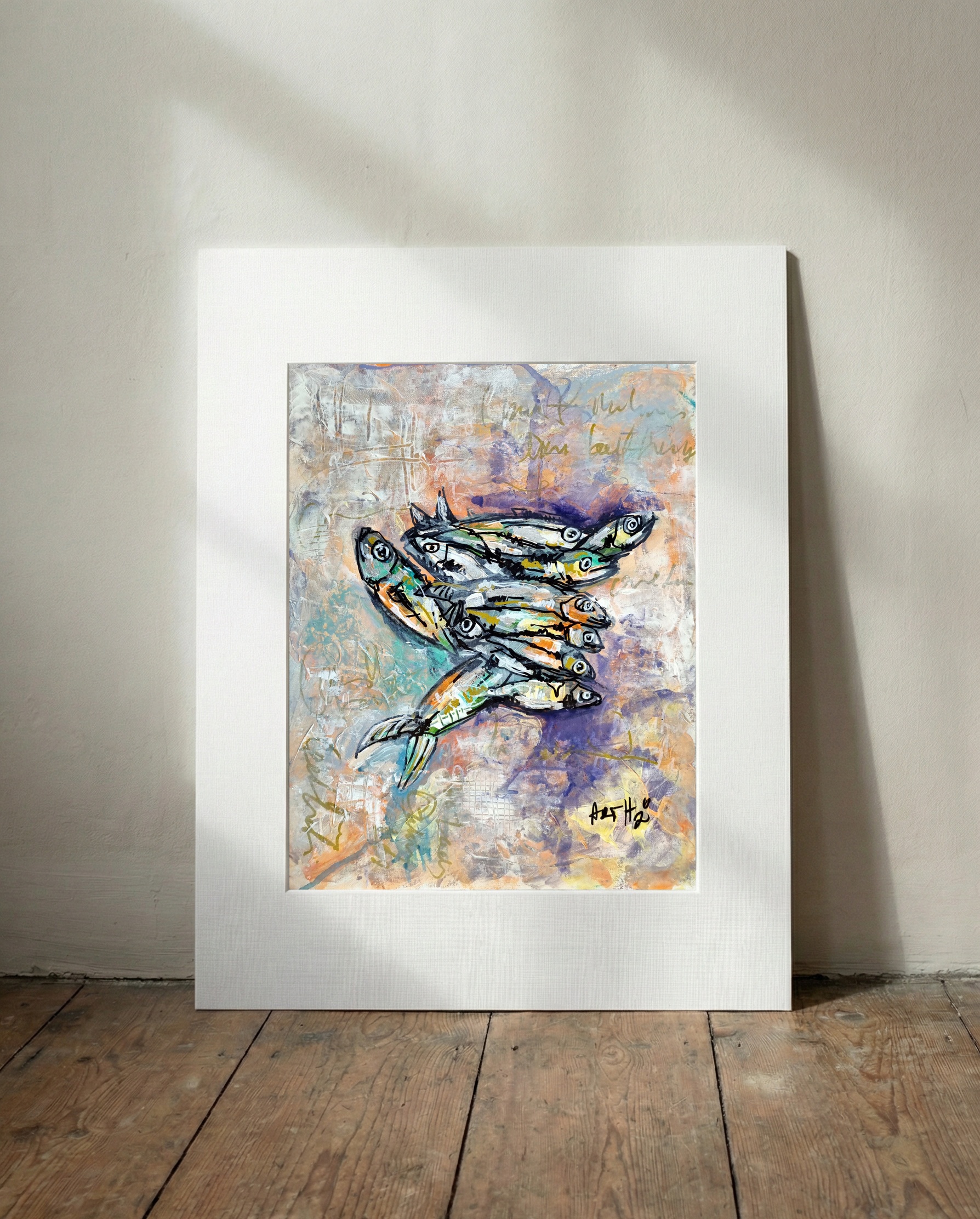 Vivid Acrylic Fish in Greens and Blues — art on the wall, room interior preview 2