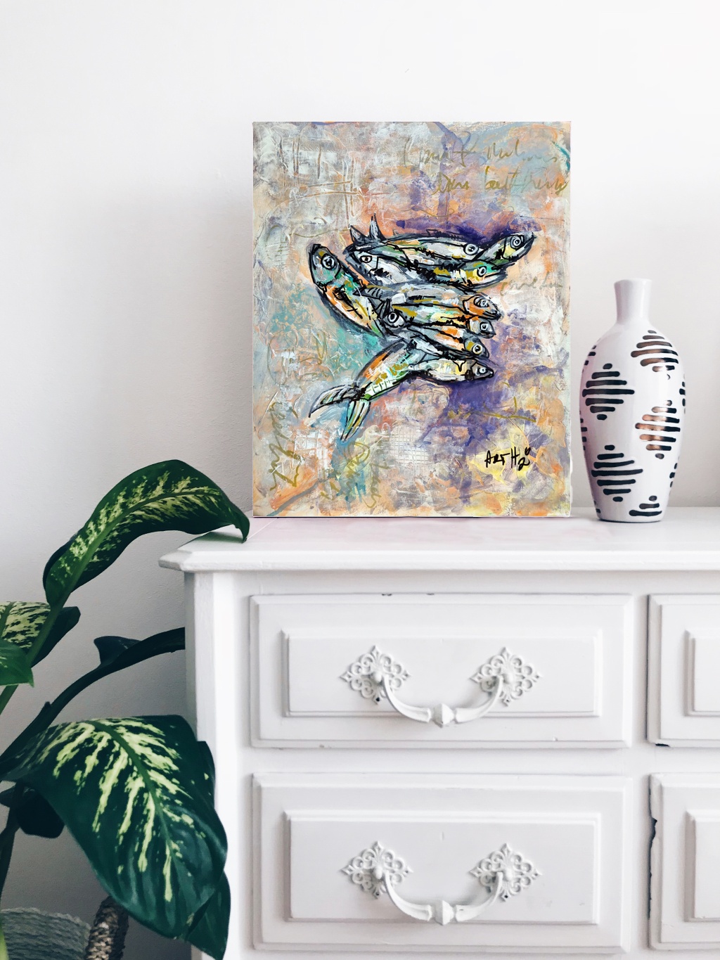 Vivid Acrylic Fish in Greens and Blues — art on the wall, room interior preview 3