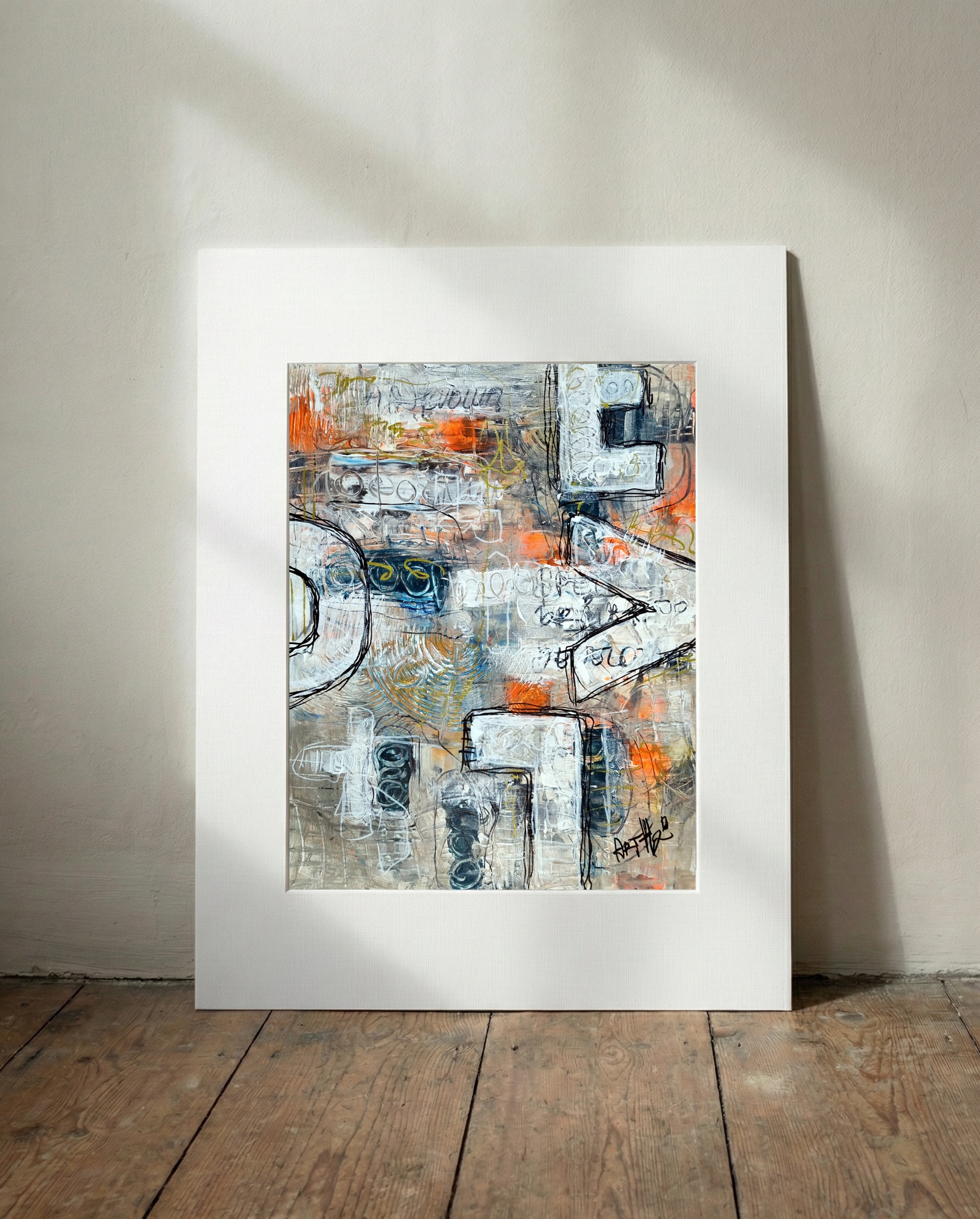 Vibrant Orange and Grey Urban Canvas — art on the wall, room interior preview 3