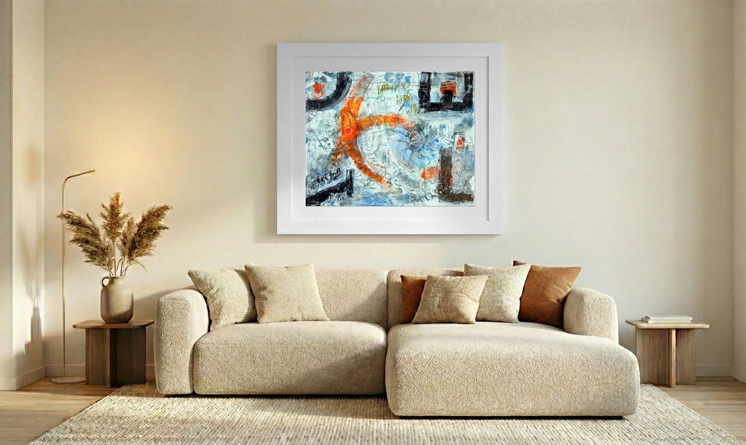 Burnt Orange Swirls on Linen Canvas — art on the wall, room interior preview 1