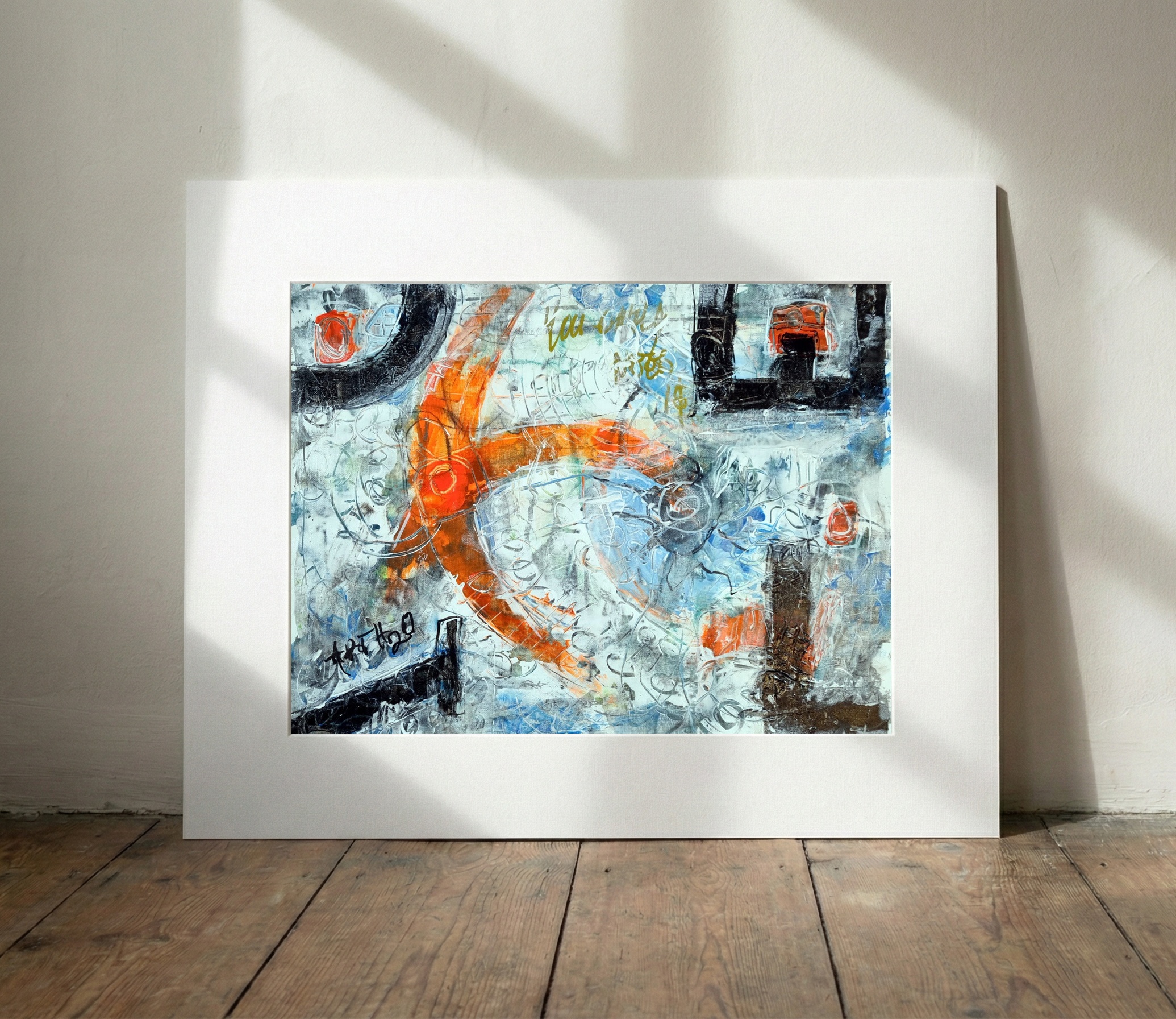 Burnt Orange Swirls on Linen Canvas — art on the wall, room interior preview 2