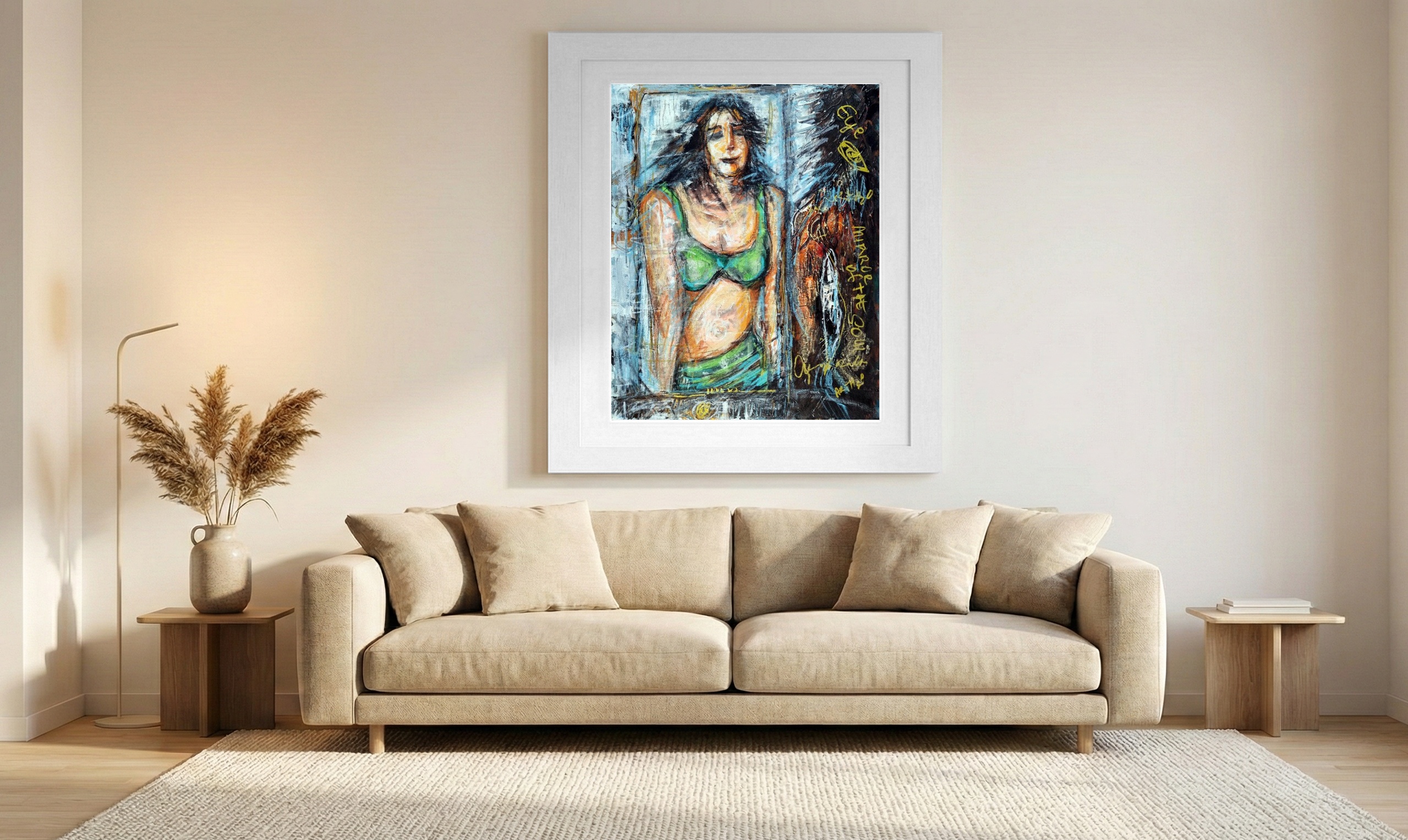 Emerald Portrait on Linen Canvas — art on the wall, room interior preview 1