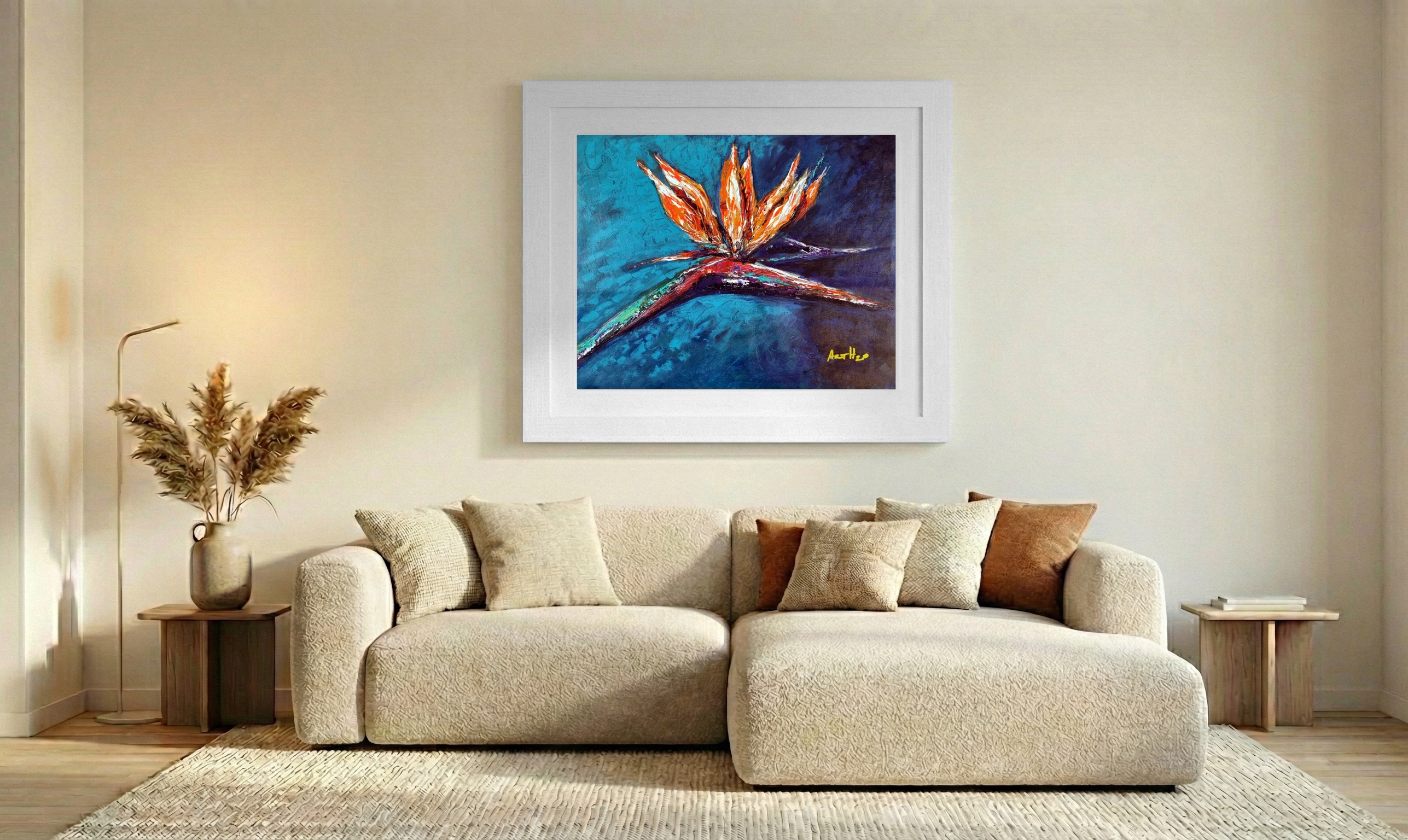 Fiery Orange Bird of Paradise on Canvas — art on the wall, room interior preview 2