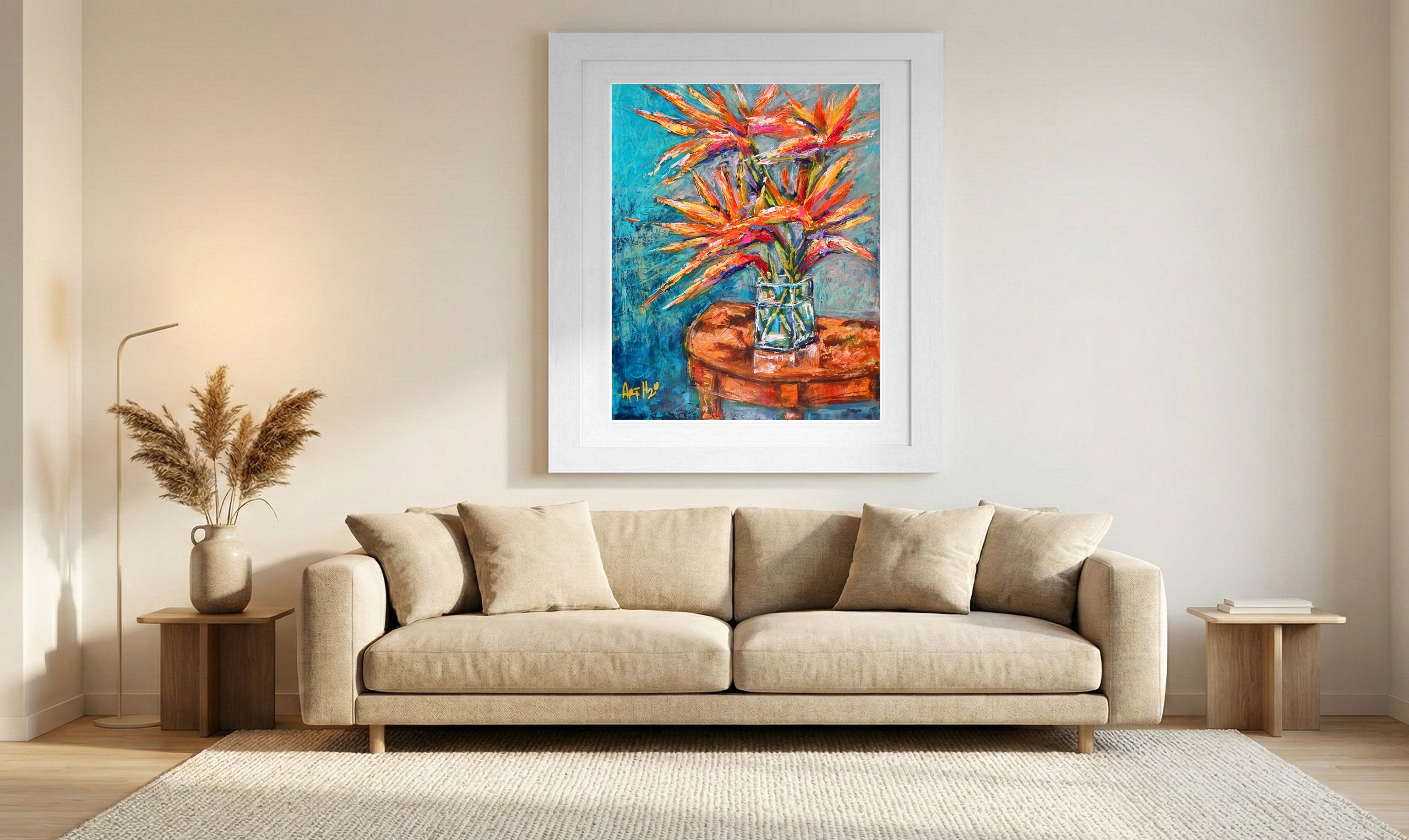 Bright Orange Floral on Linen Canvas — art on the wall, room interior preview 1