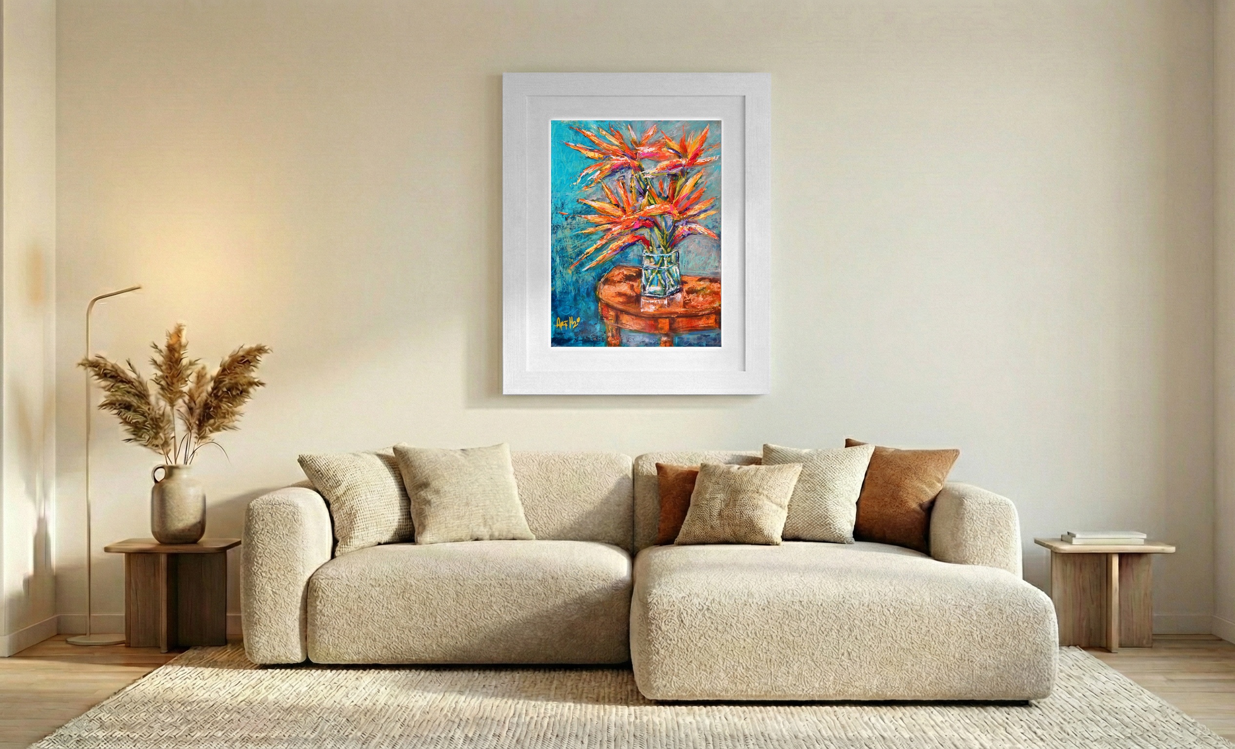 Bright Orange Floral on Linen Canvas — art on the wall, room interior preview 2