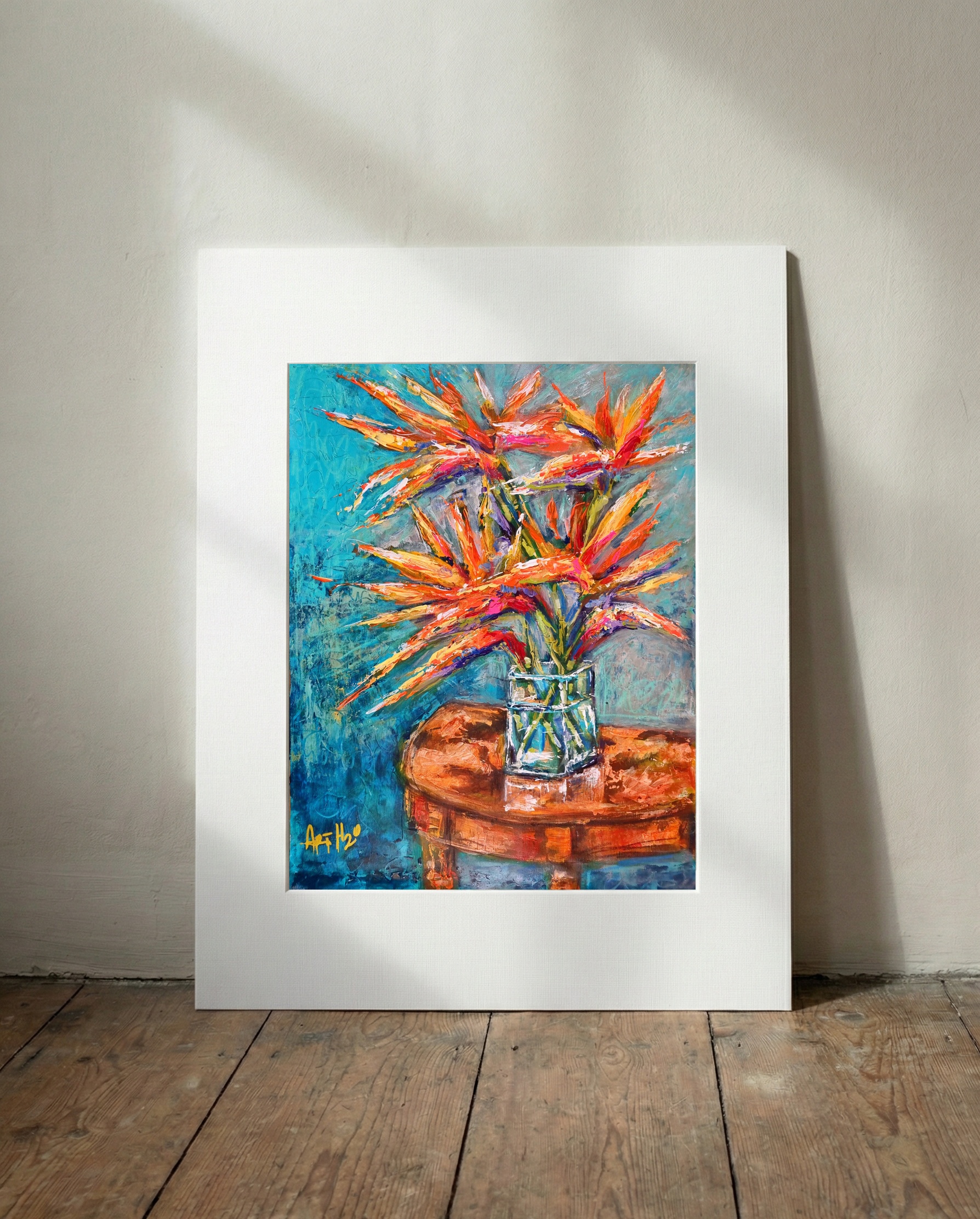 Bright Orange Floral on Linen Canvas — art on the wall, room interior preview 3