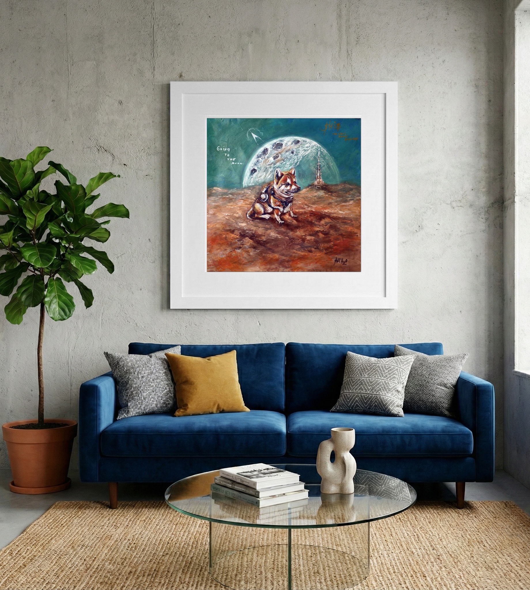 Burnt Sienna Shiba Against Cosmic Green — art on the wall, room interior preview 2