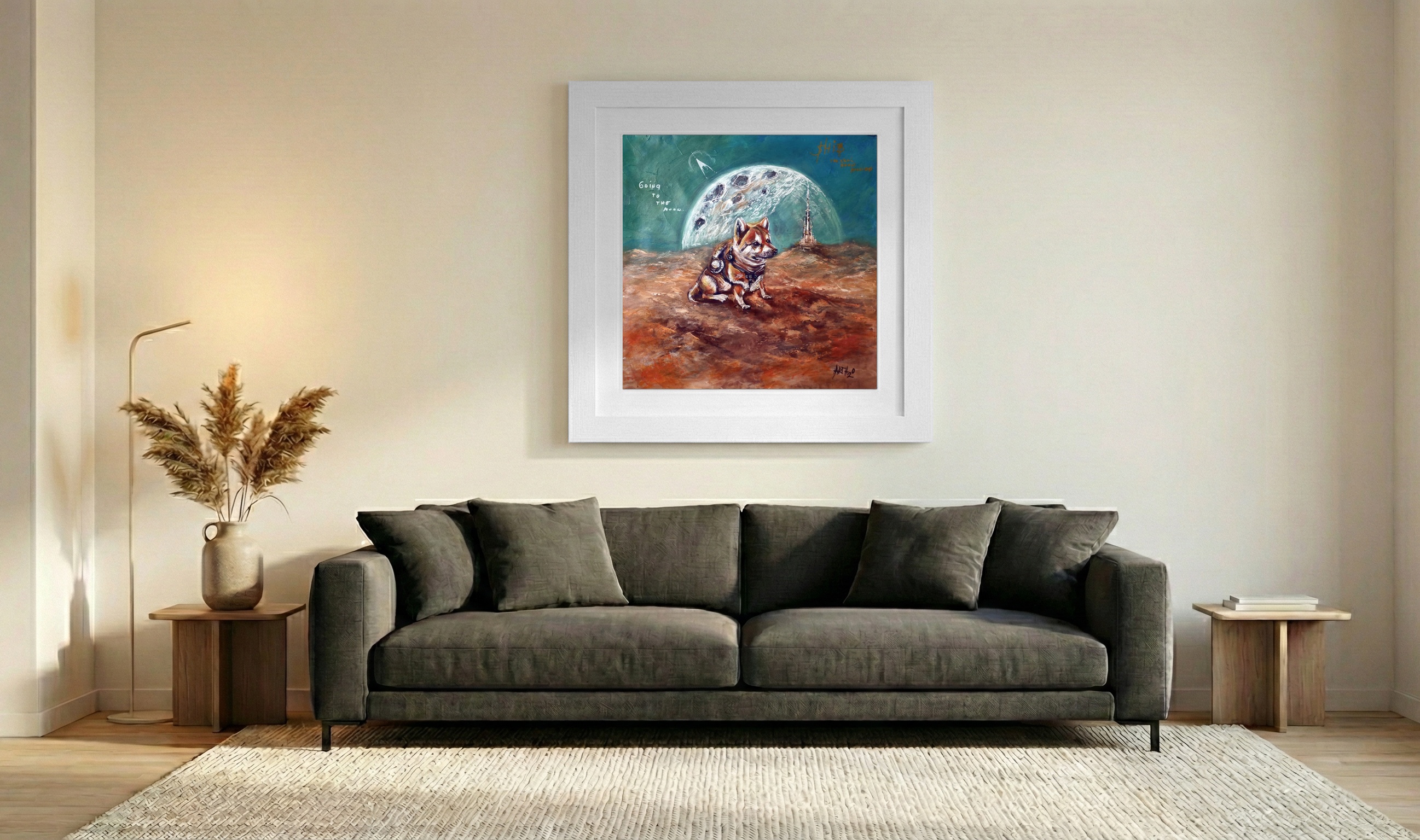 Burnt Sienna Shiba Against Cosmic Green — art on the wall, room interior preview 3
