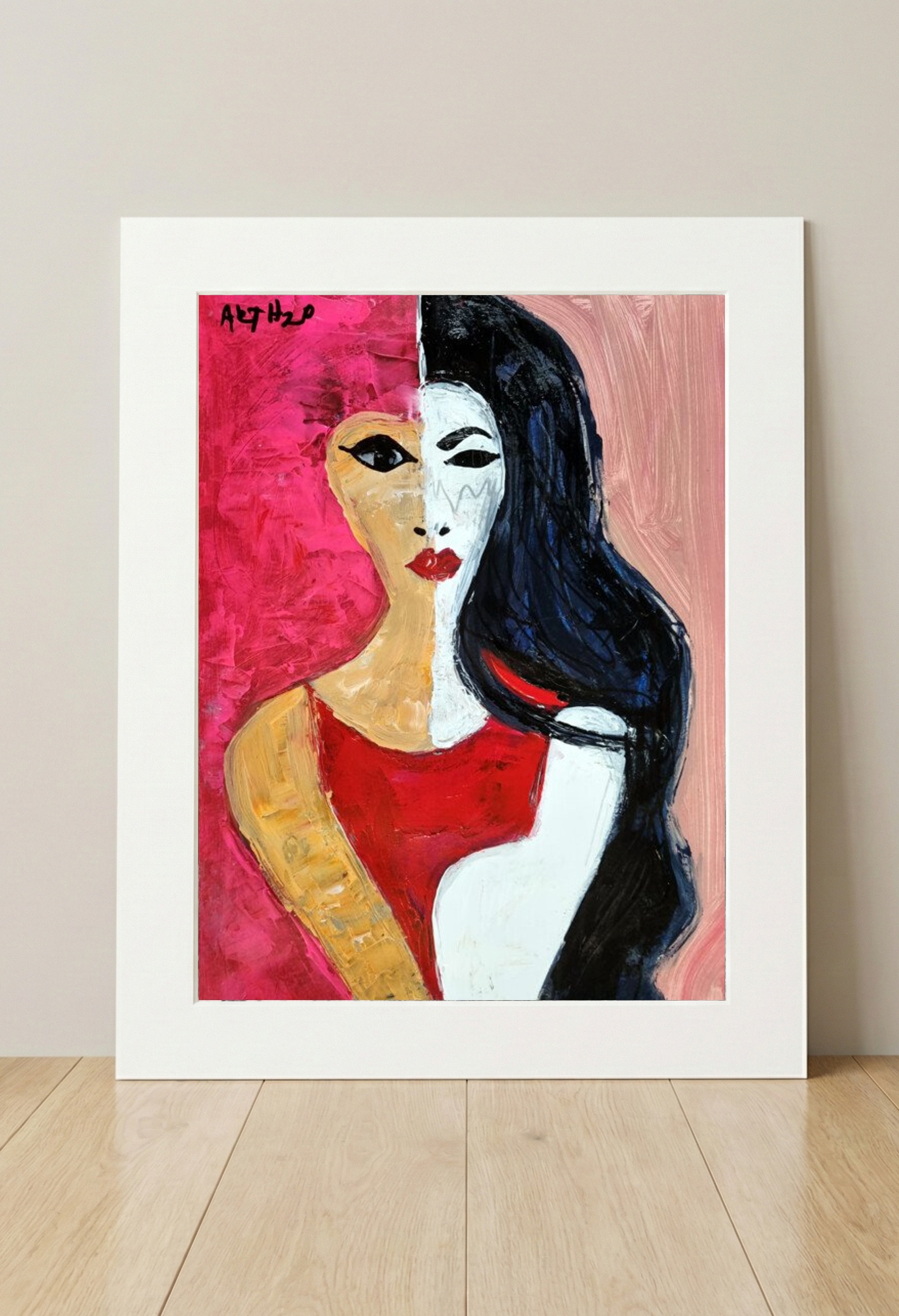 Crimson and Blush Portrait on Paper — art on the wall, room interior preview 3