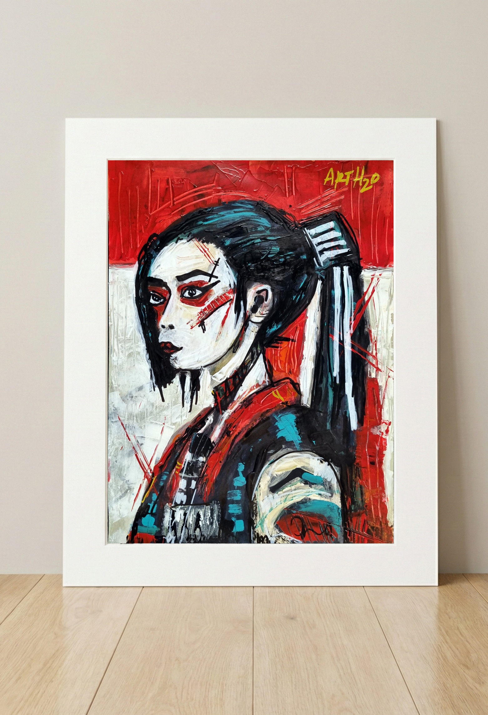 Crimson and Black Expressionist Portrait on Paper — art on the wall, room interior preview 3