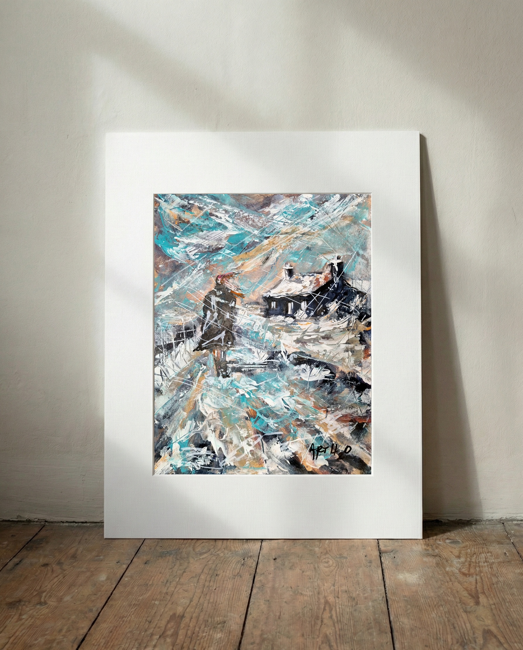 Teal and Earthy Brown Acrylic Landscape — art on the wall, room interior preview 3