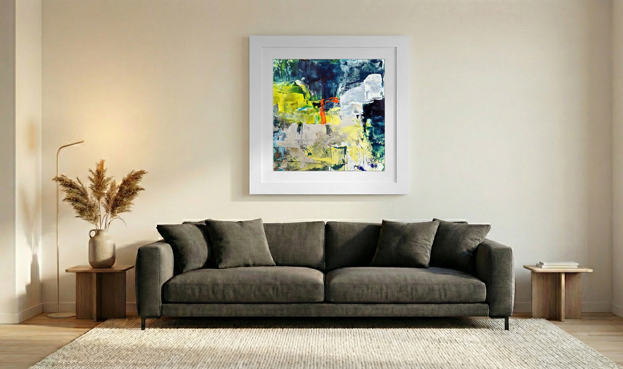 Lively Green and Yellow Acrylic Abstract — art on the wall, room interior preview 3