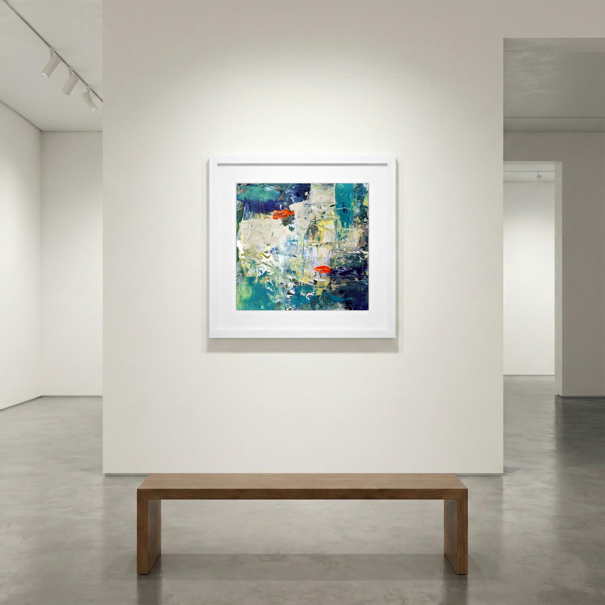 Vibrant Teal and Orange Acrylic on Paper — art on the wall, room interior preview 1