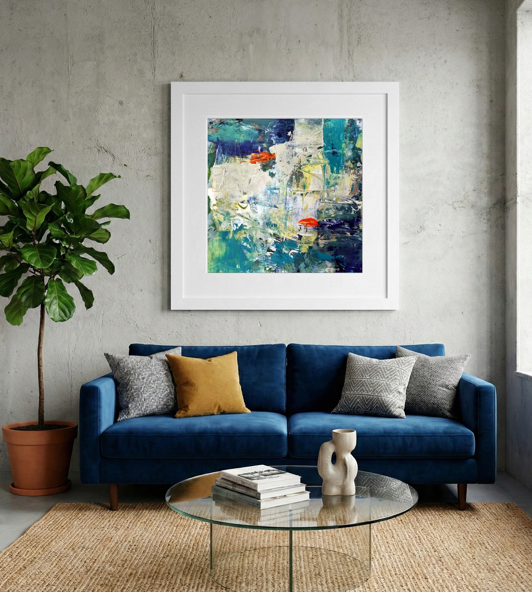 Vibrant Teal and Orange Acrylic on Paper — art on the wall, room interior preview 2