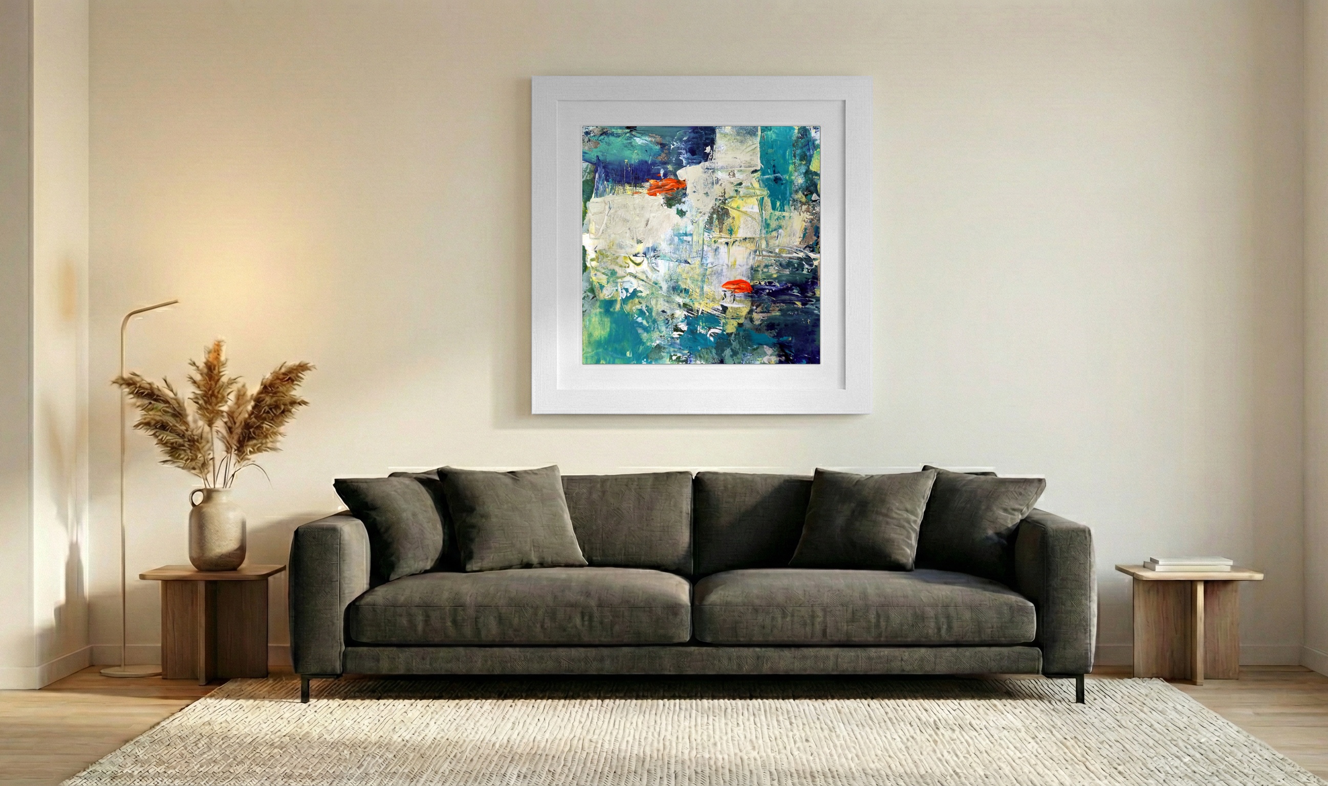 Vibrant Teal and Orange Acrylic on Paper — art on the wall, room interior preview 3