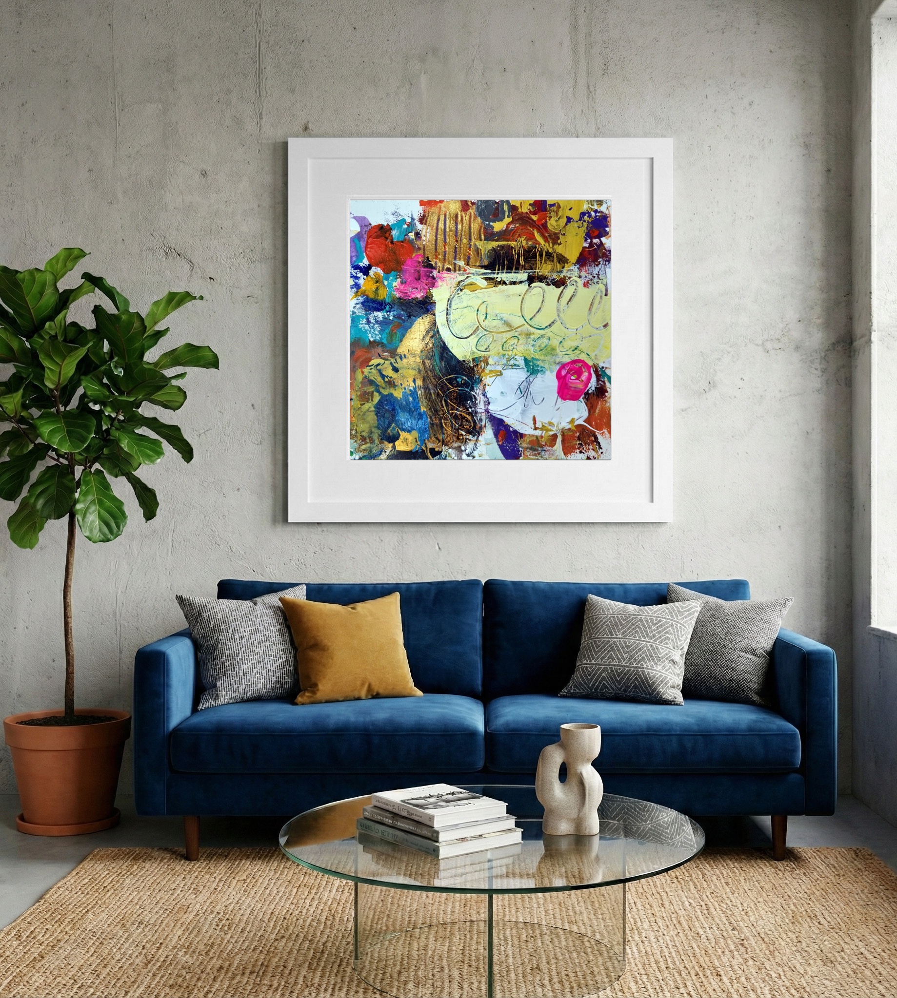 Radiant Pink and Gold Acrylic Abstract on Paper — art on the wall, room interior preview 2