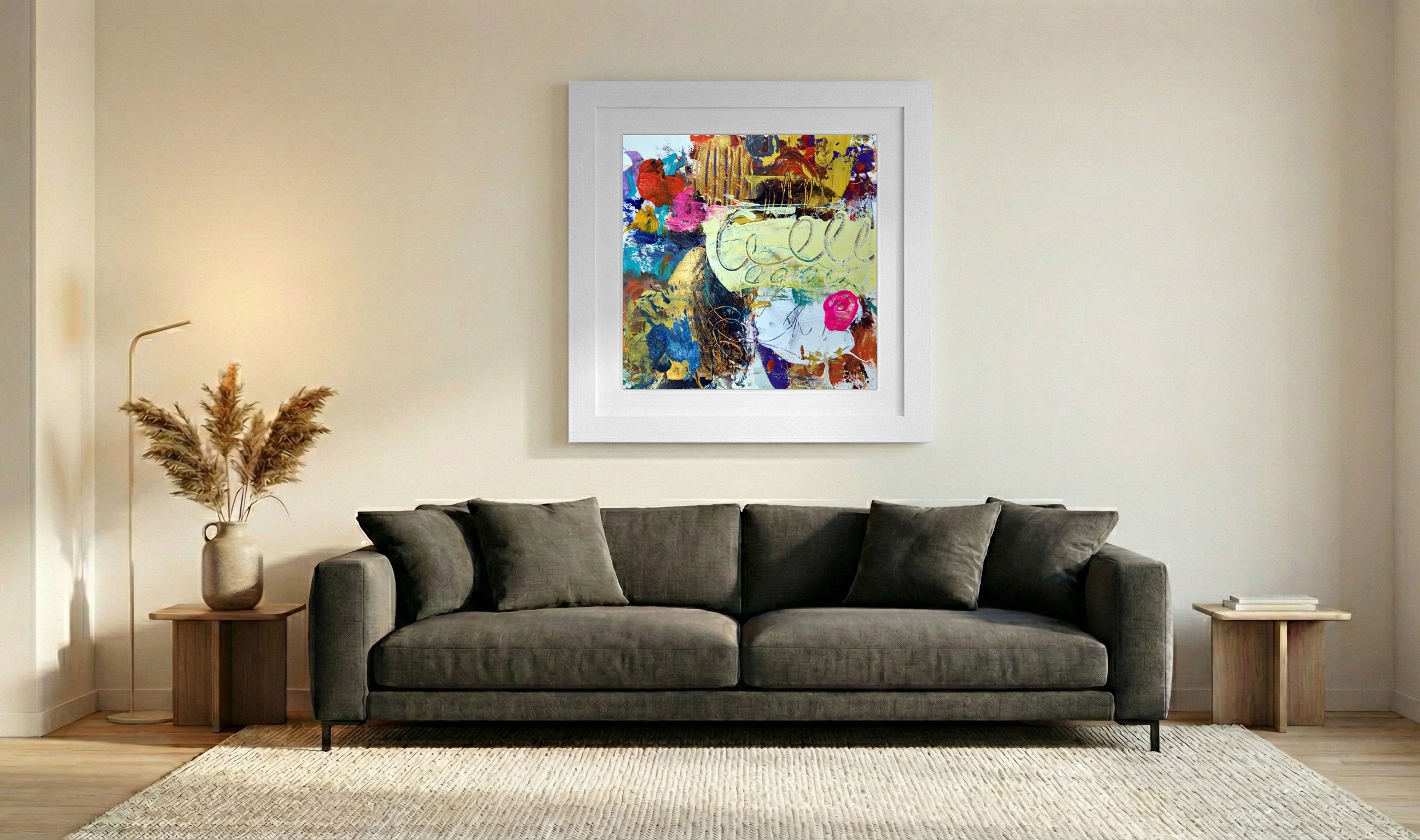 Radiant Pink and Gold Acrylic Abstract on Paper — art on the wall, room interior preview 3