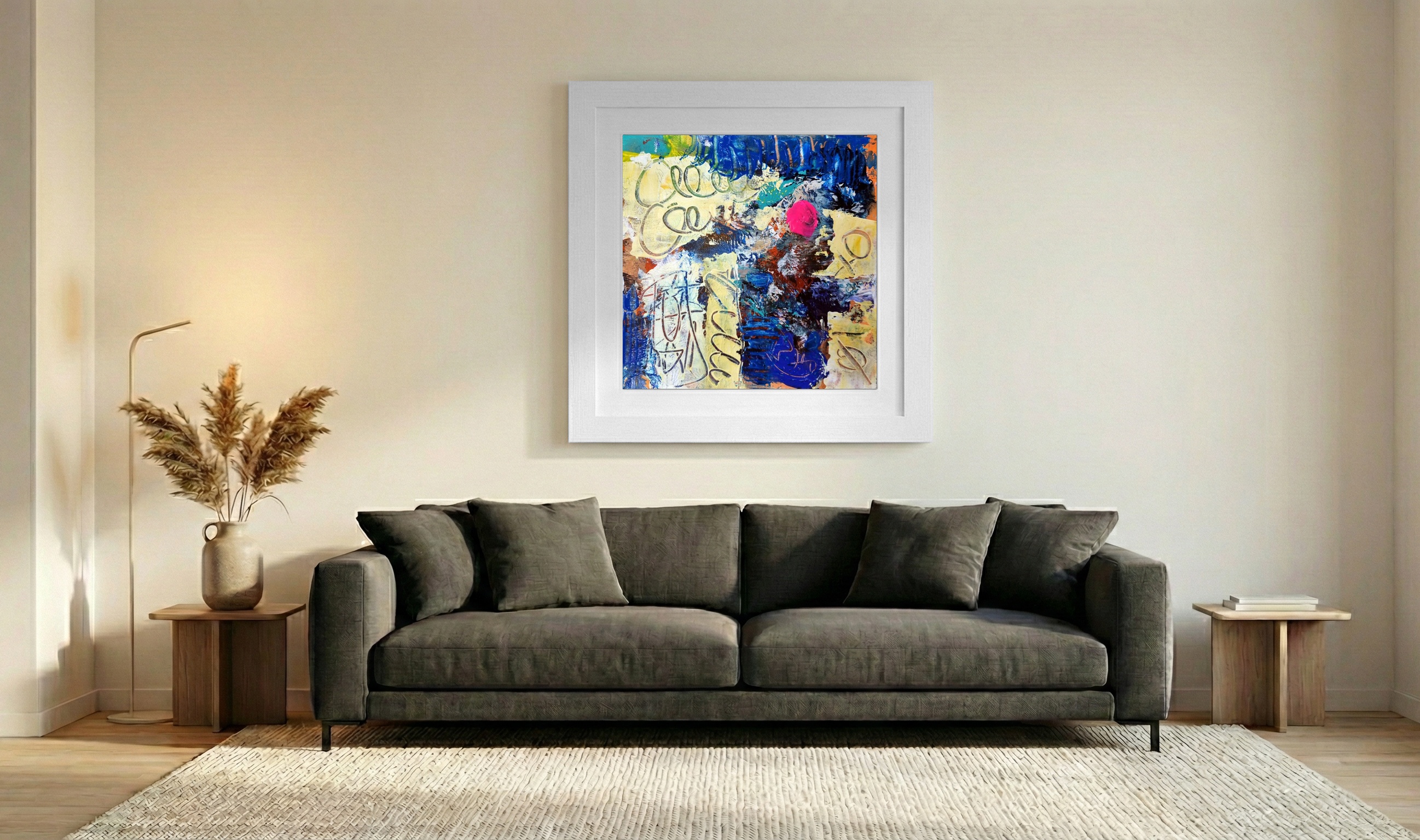 Energetic Blue and Yellow Acrylic Composition — art on the wall, room interior preview 3