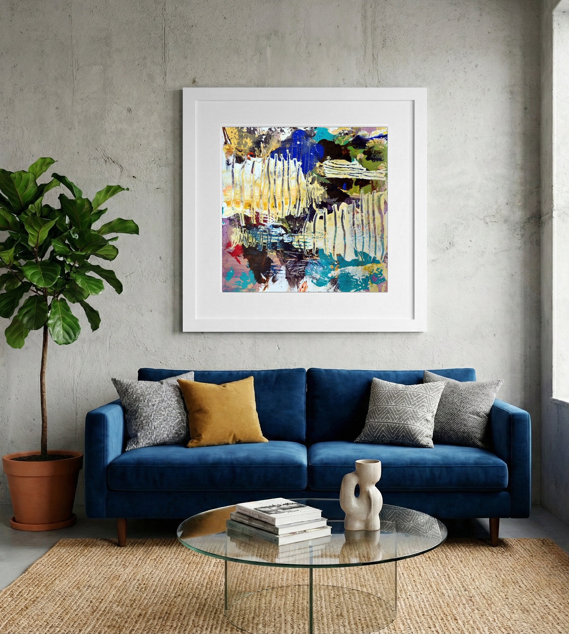 Bright Yellow Acrylic Abstract on Paper — art on the wall, room interior preview 2