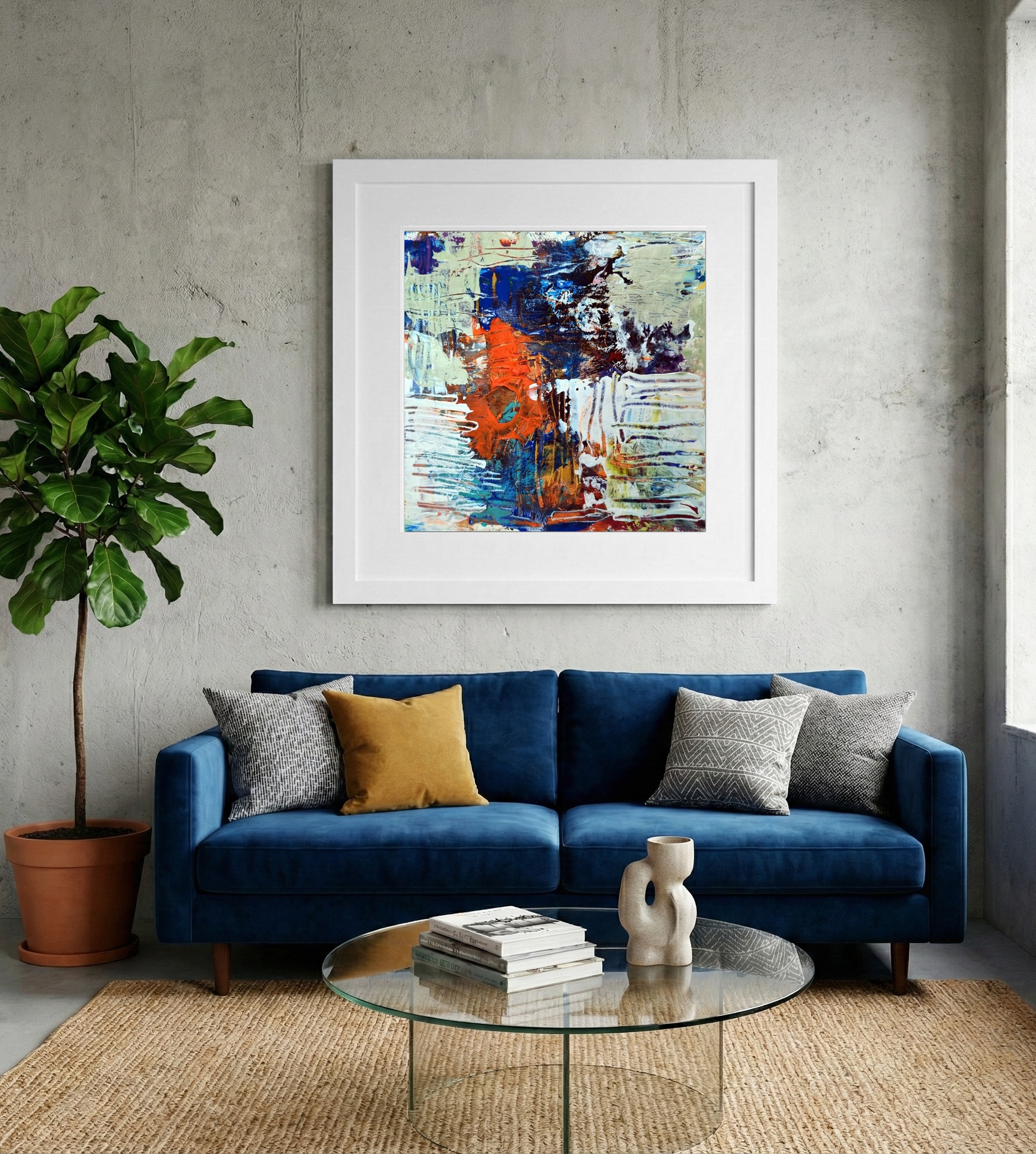 Burnt Orange and Deep Blue Abstract on Paper — art on the wall, room interior preview 2
