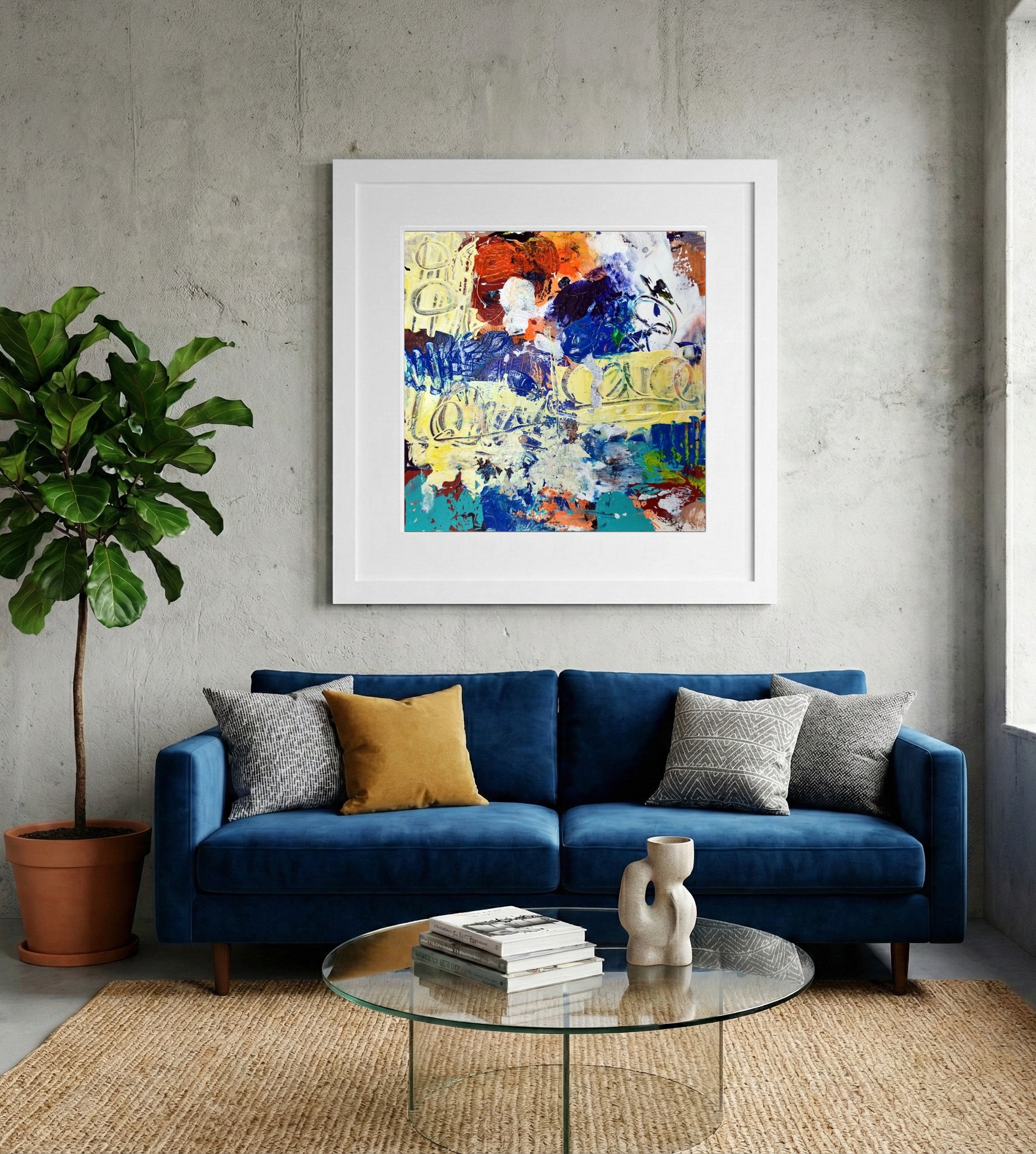 Bright Yellow and Blue Abstract on Paper — art on the wall, room interior preview 2