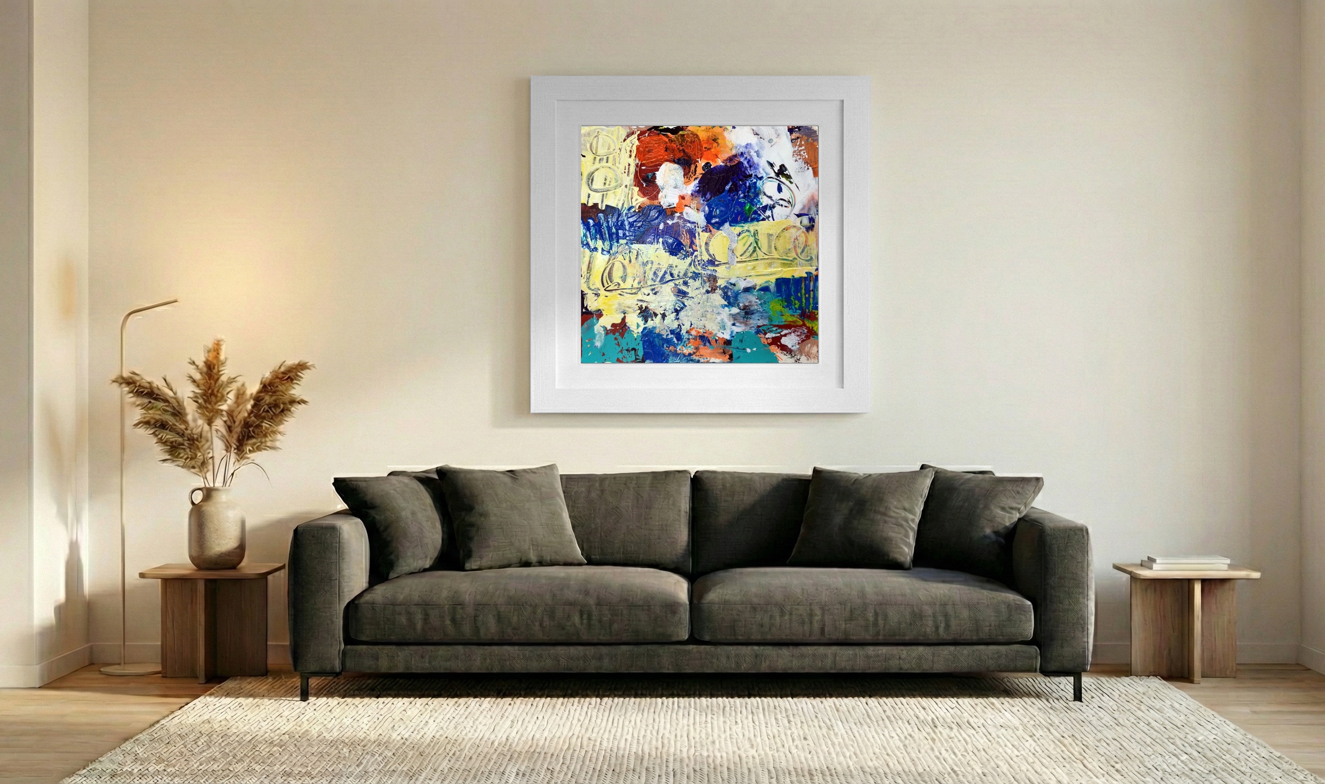 Bright Yellow and Blue Abstract on Paper — art on the wall, room interior preview 3