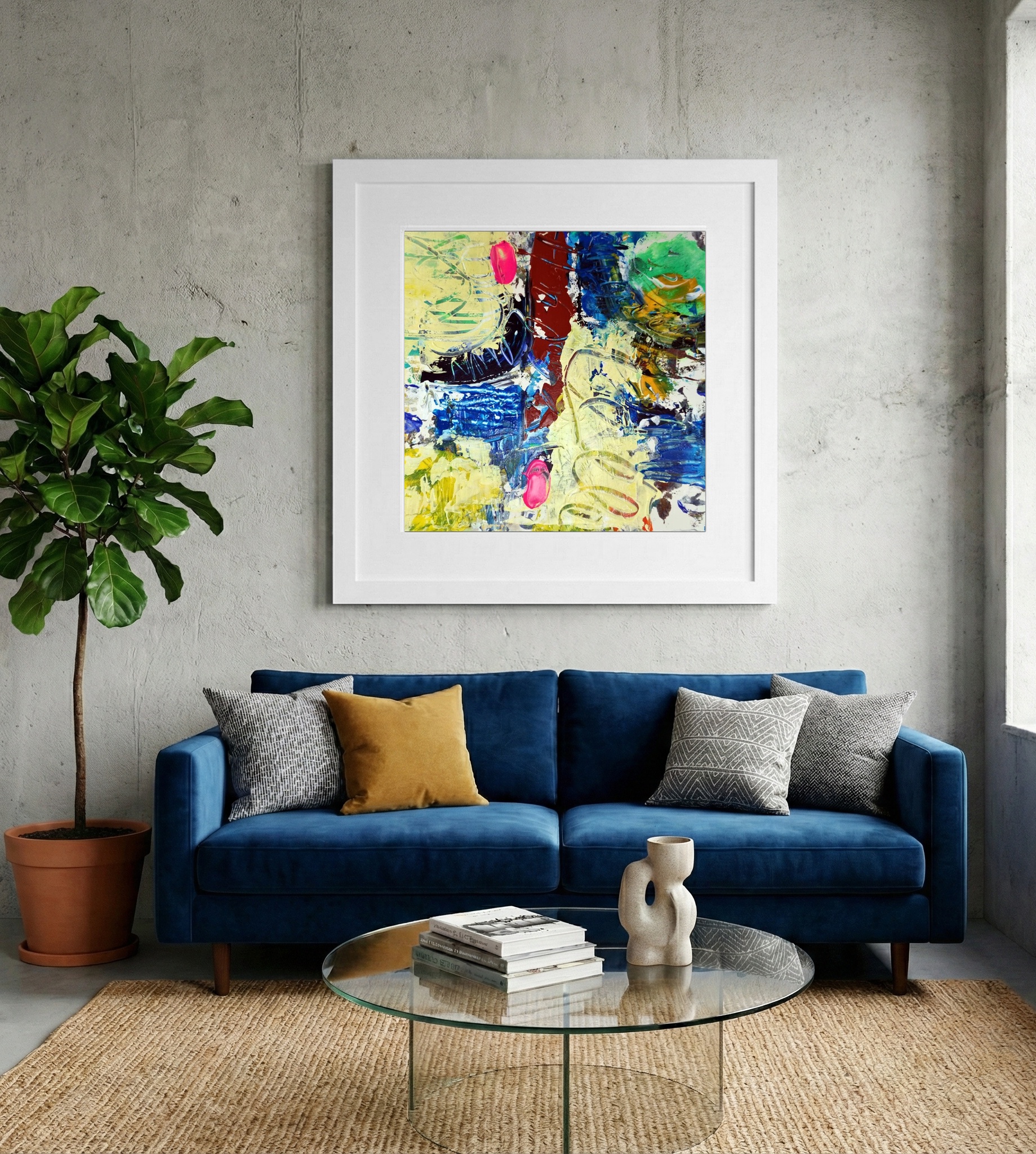 Bright Yellow and Blue Abstract on Paper — art on the wall, room interior preview 2